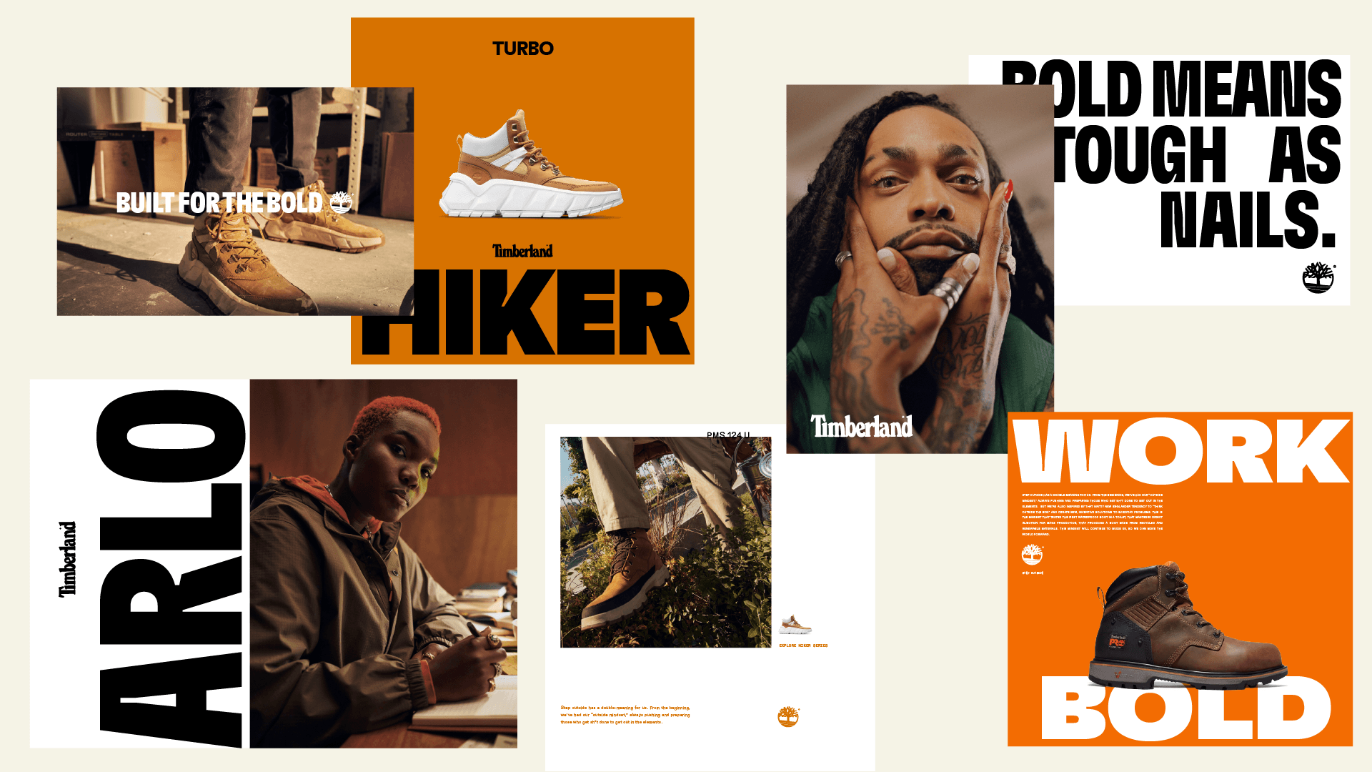 Collage of Timberland brand identity ad spots featuring: Built for the Bold, Bold Means tough as nails, Work Bold