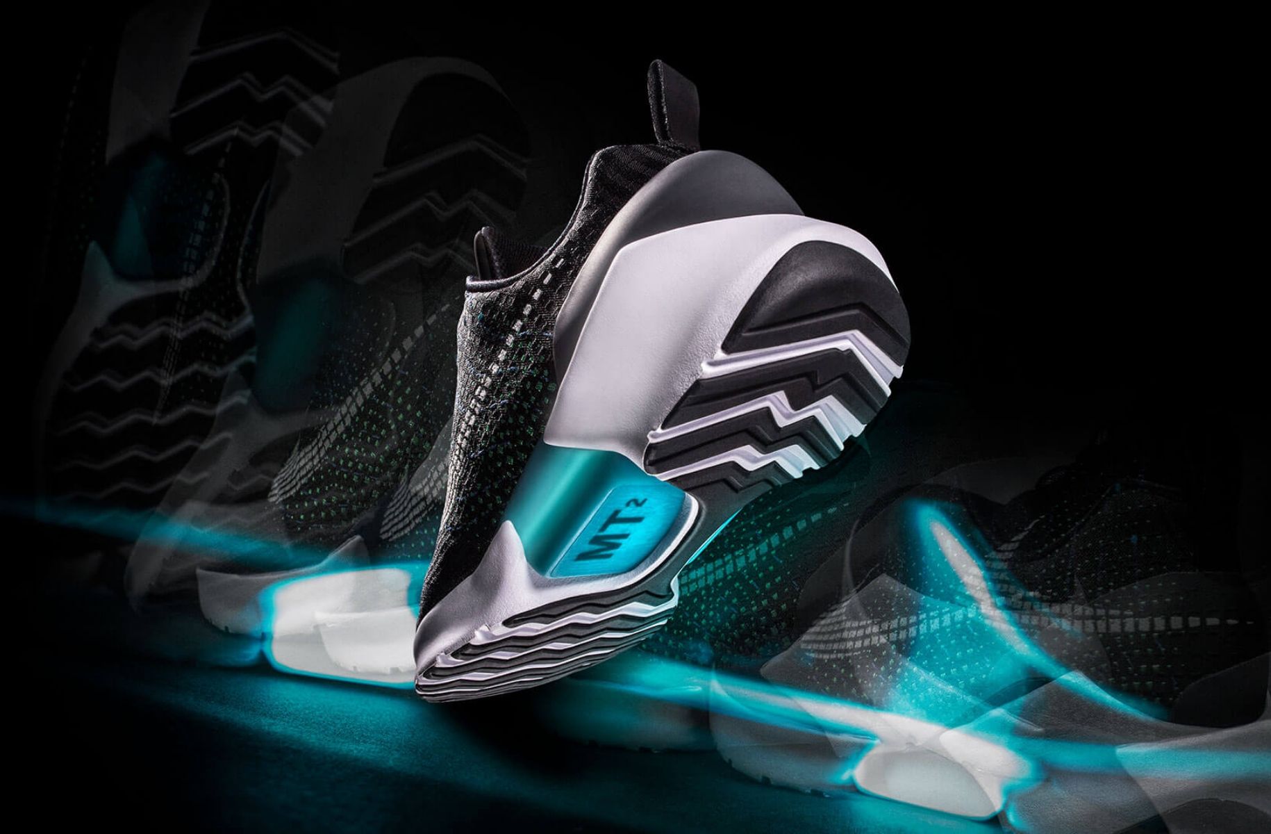 render of Nike Hyper Adapt in motion showing tread from rearview