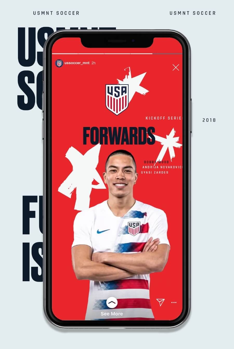 Instagram story from @ussoccer_mnt shows US soccer player against red background FORWARDS kickoff series