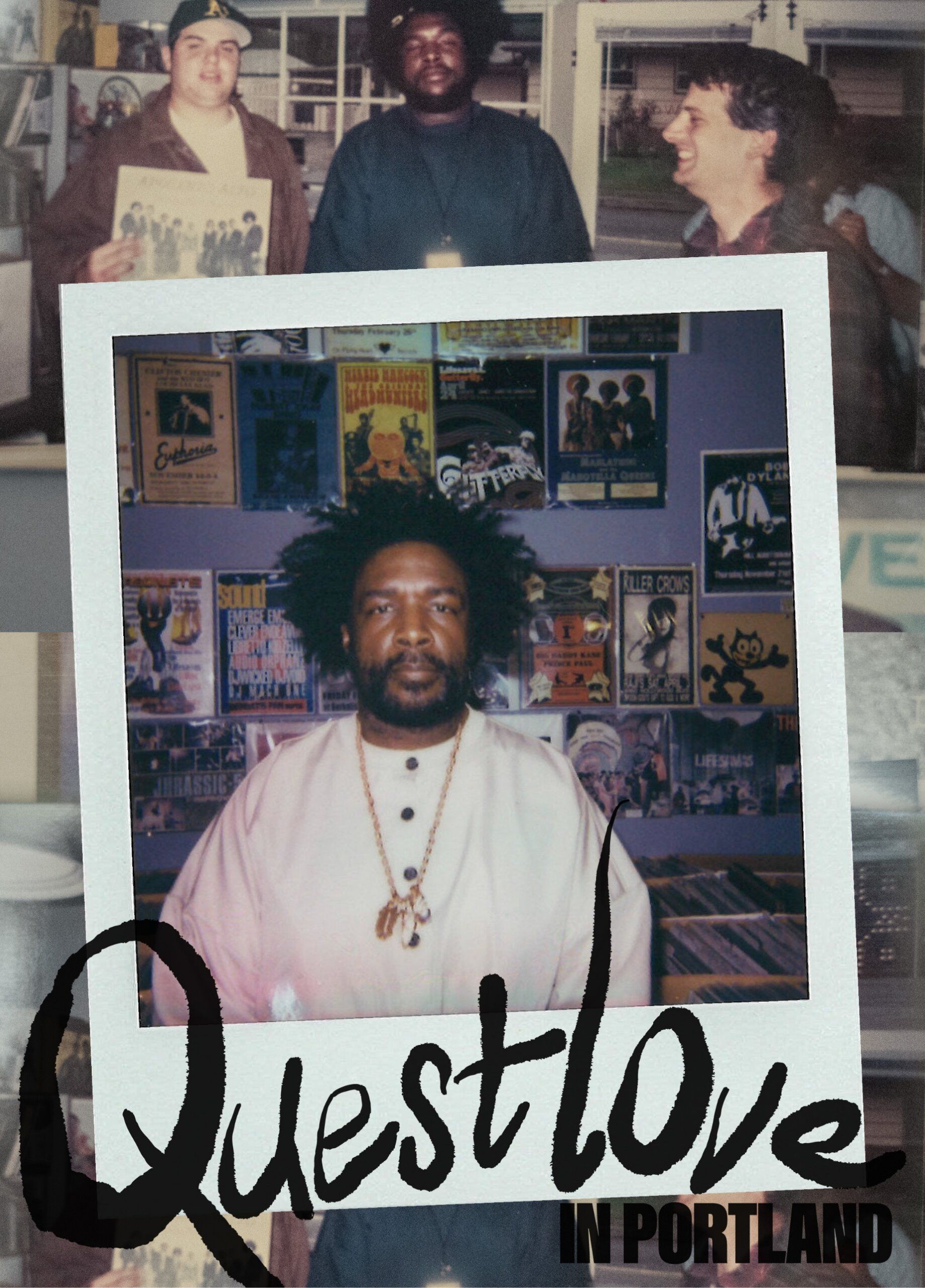 Collage featuring musician Questlove in front of poster-covered walls, with the text "Questlove in Portland" at the bottom.