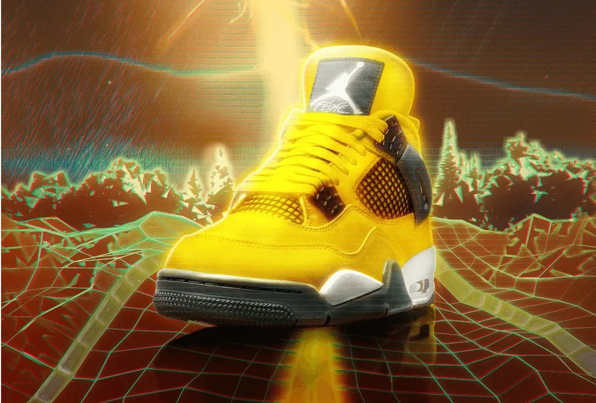 A bright yellow sneaker is displayed in the foreground with a geometric, neon grid and stylized landscape in the background.