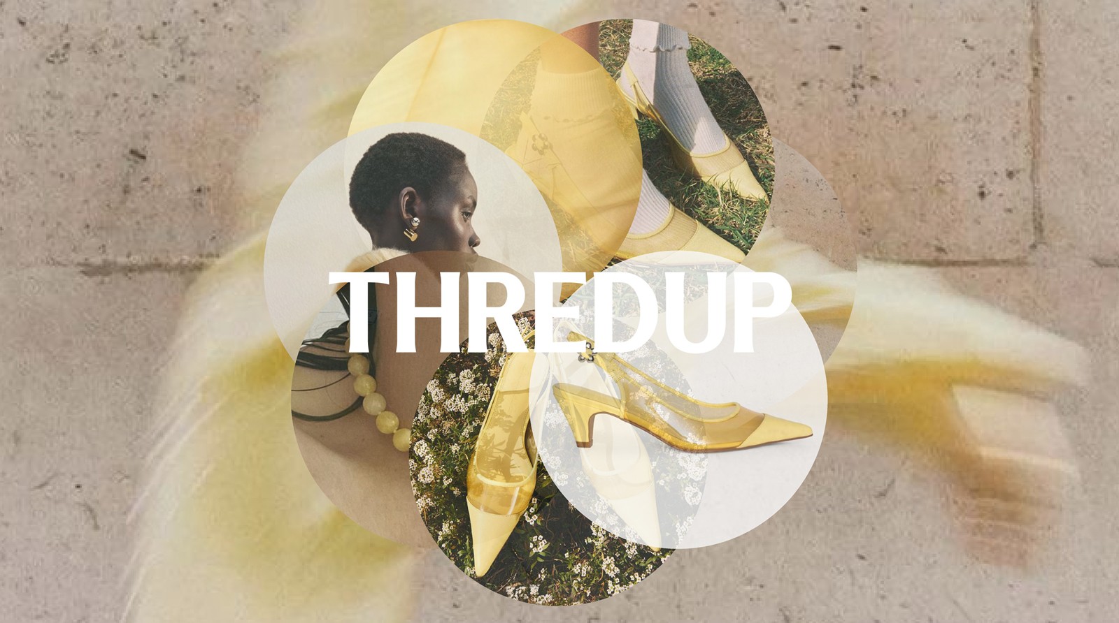 Collage of fashion items, including shoes and jewelry, with the word "THREDUP" in bold white text across the center.