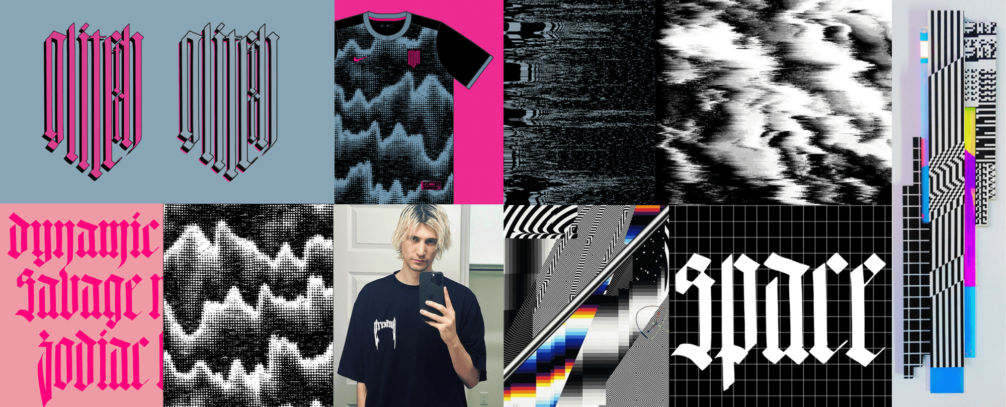 A collage features glitch art, abstract patterns, a soccer jersey, stylized gothic text, and a person taking a selfie in a dark graphic t-shirt.