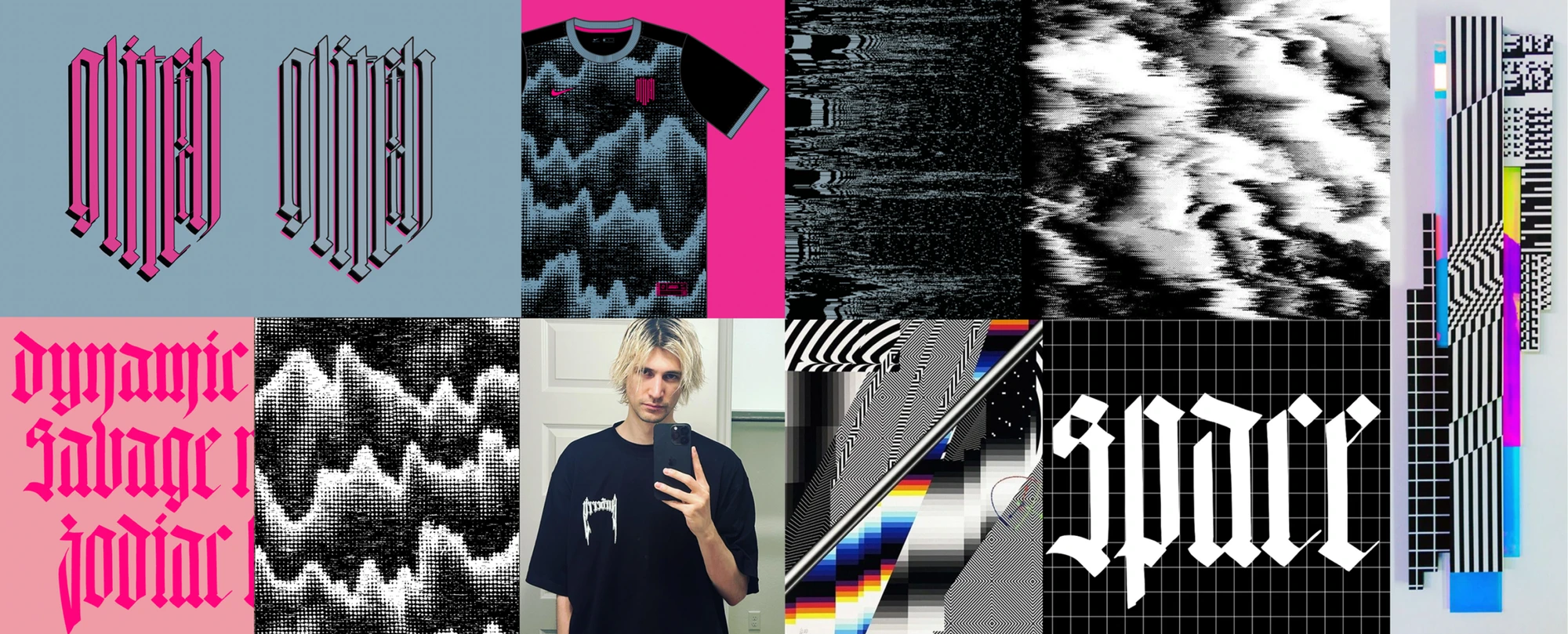 A collage features glitch art, abstract patterns, a soccer jersey, stylized gothic text, and a person taking a selfie in a dark graphic t-shirt.