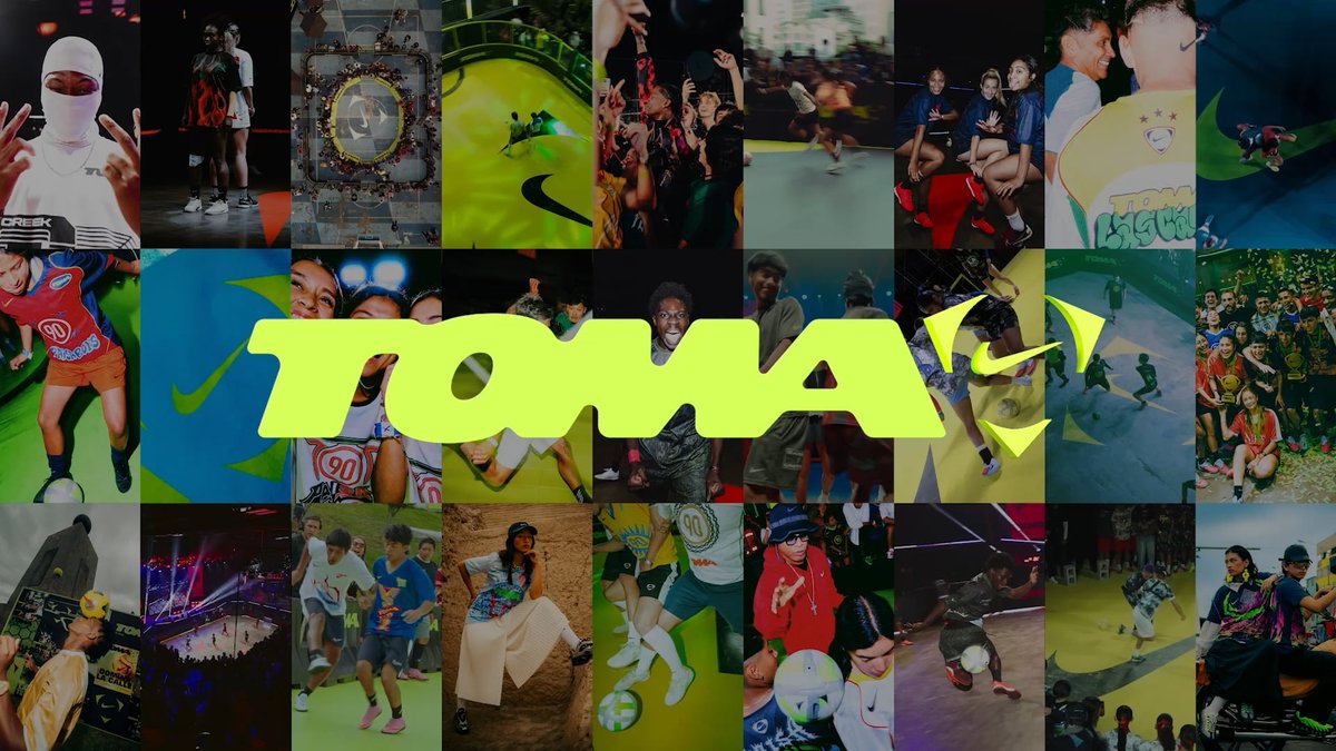 Collage of vibrant sports and street scenes, overlaid with the bold neon text “TOMA” and a Nike swoosh logo at the center.