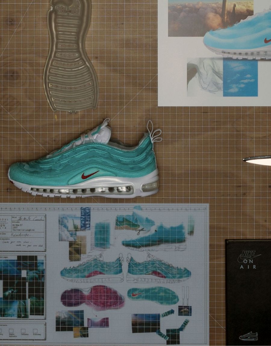 Nike Air Max 97 SH Kaleidoscope design files and final product on table