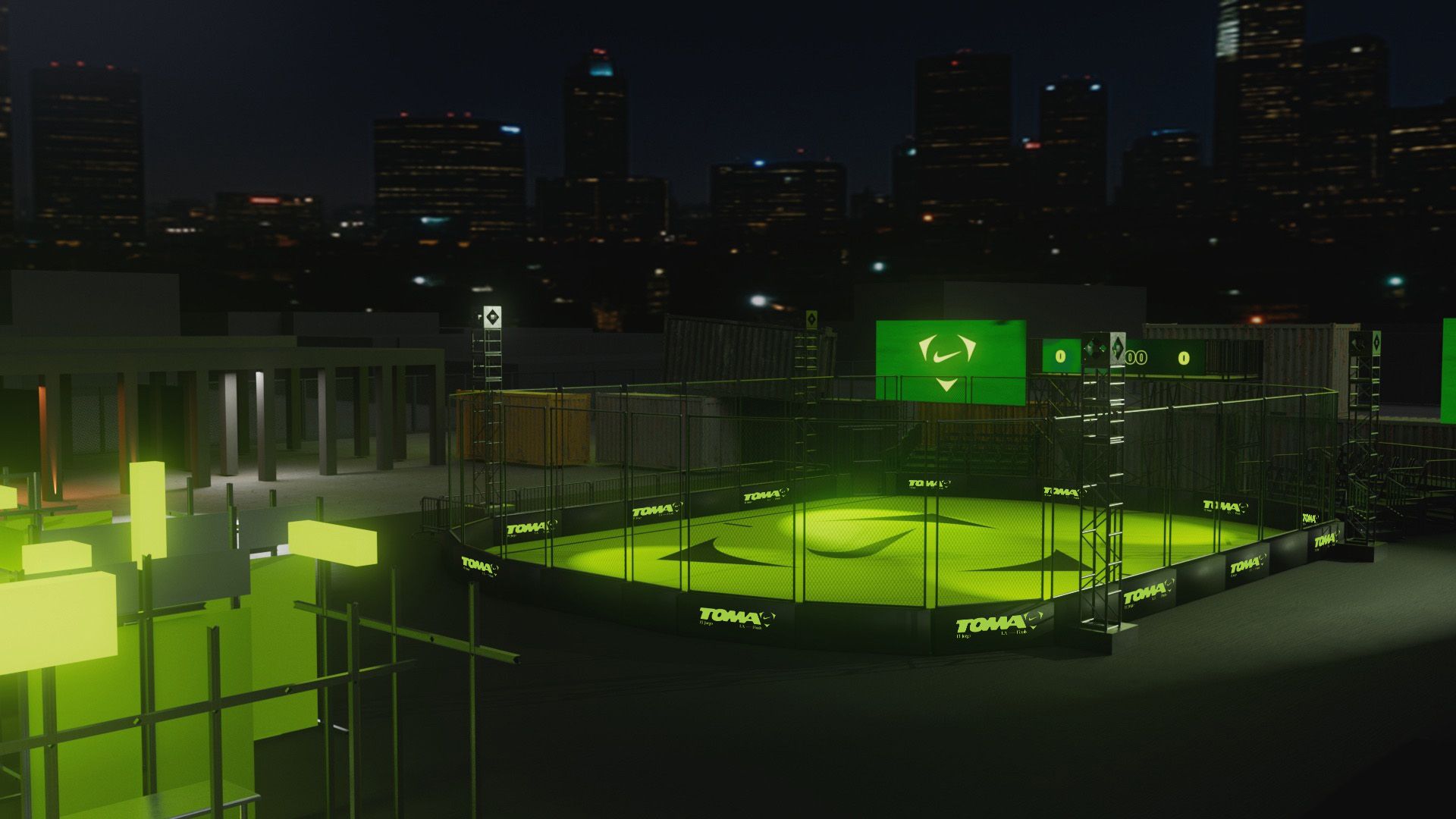 A brightly lit, neon green outdoor sports arena at night, surrounded by city buildings and digital displays with urban skyline in the background.