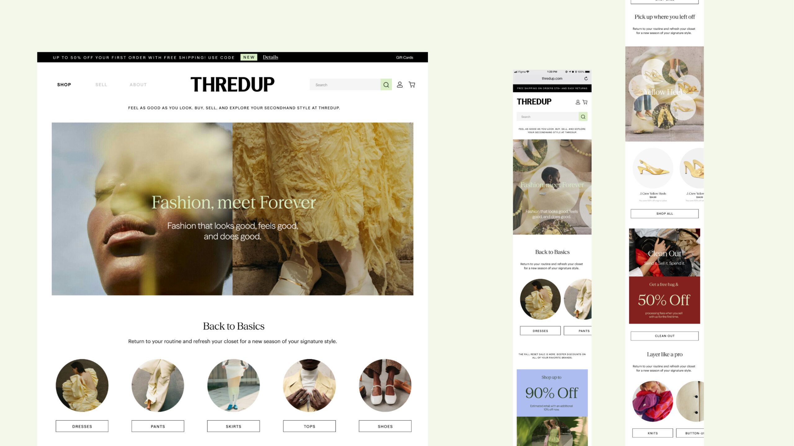A desktop and mobile view of the ThredUP website homepage featuring fashion images, product categories, and promotional discount banners.