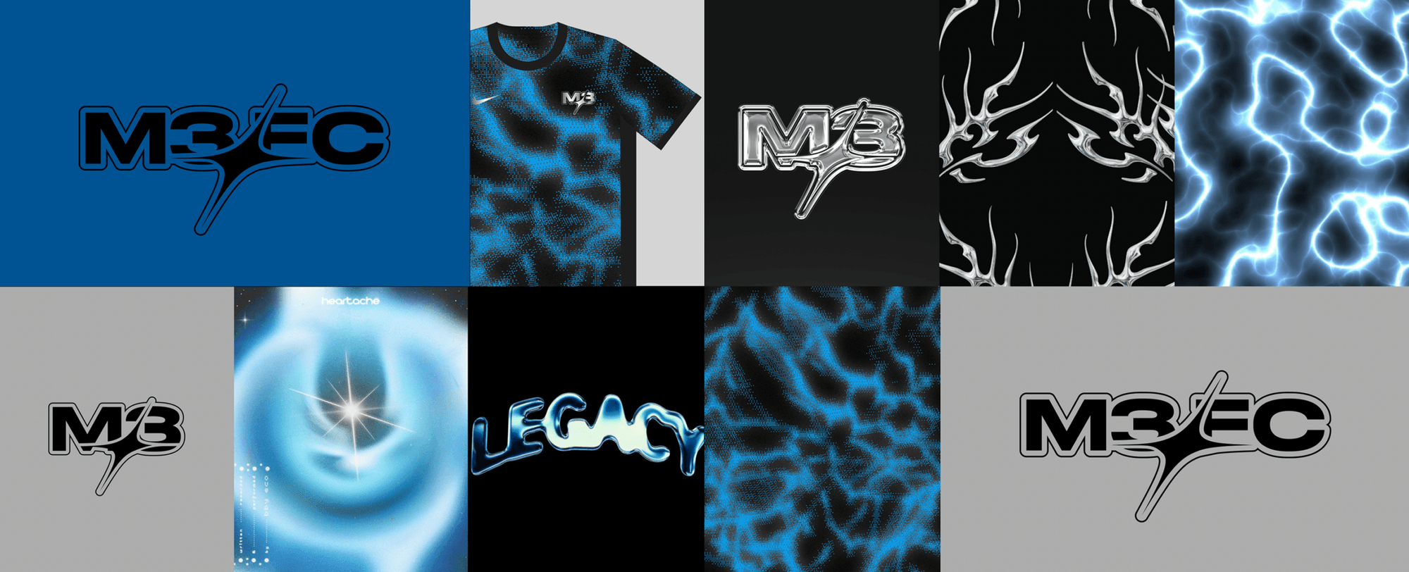A collage shows graphic t-shirts, abstract blue and black energy patterns, and logos reading “M3EC” and “M3” on solid blue, grey, and black backgrounds.