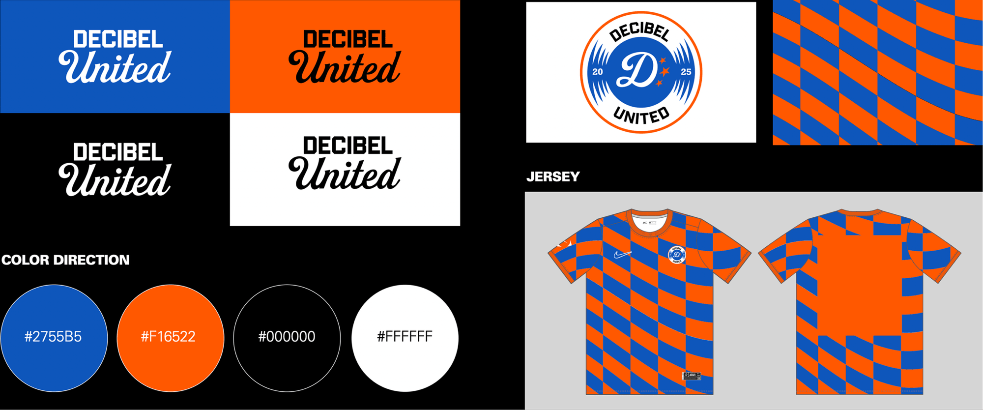 Brand guide for Decibel United showing logo, color palette (blue, orange, black, white), fonts, a roundel badge, and a blue-orange checkered jersey from front and back views.