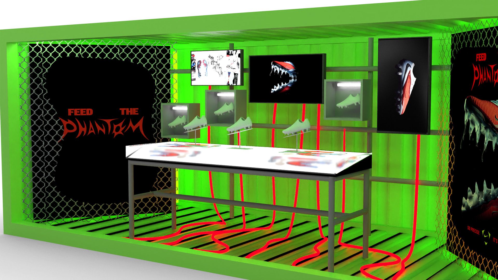 A neon green display booth features sneakers, digital screens showing shoe graphics, and “FEED THE PHANTOM” branding with a toothy mouth illustration on the back wall.