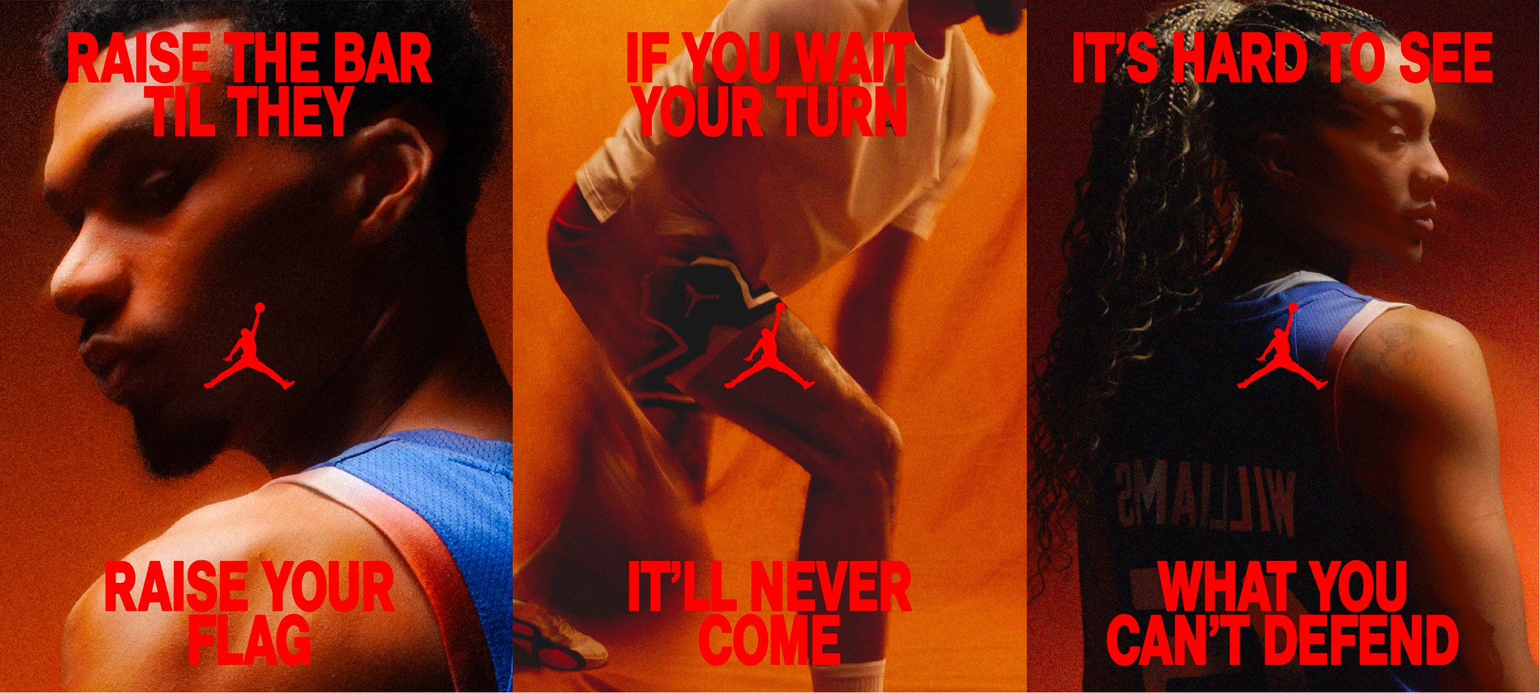 Three panels show basketball players in action with bold red text overlay featuring motivational phrases and the Jordan Brand logo on each image.