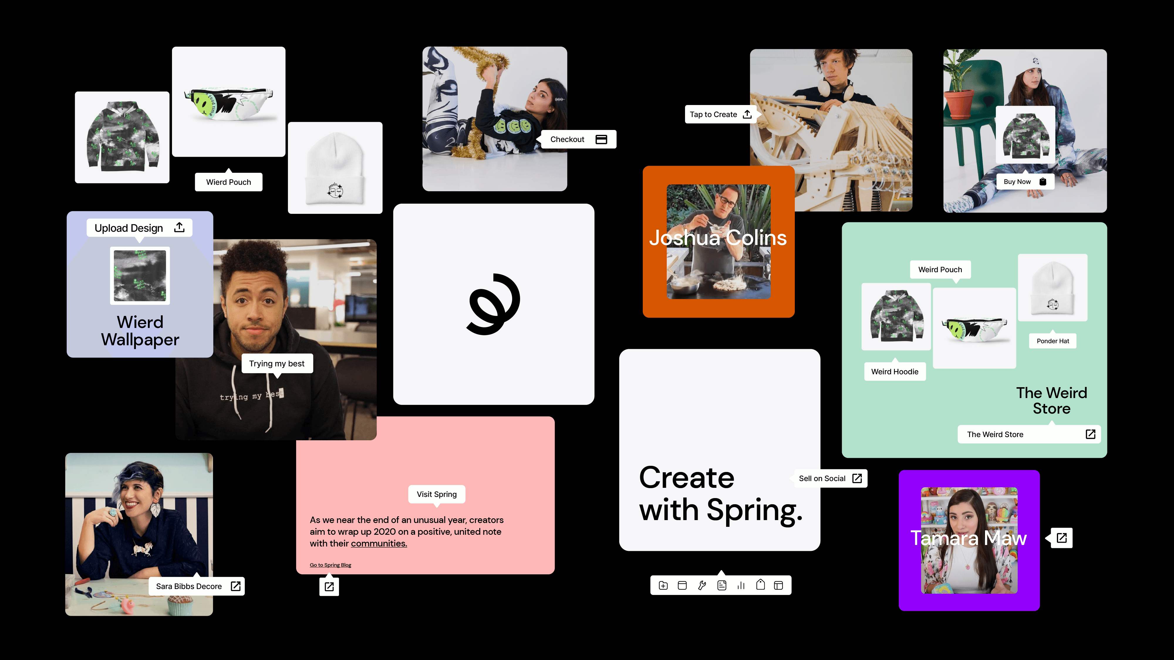 Collage of Spring design elements and showing interactive prompts for buy now, editing content and uploading content