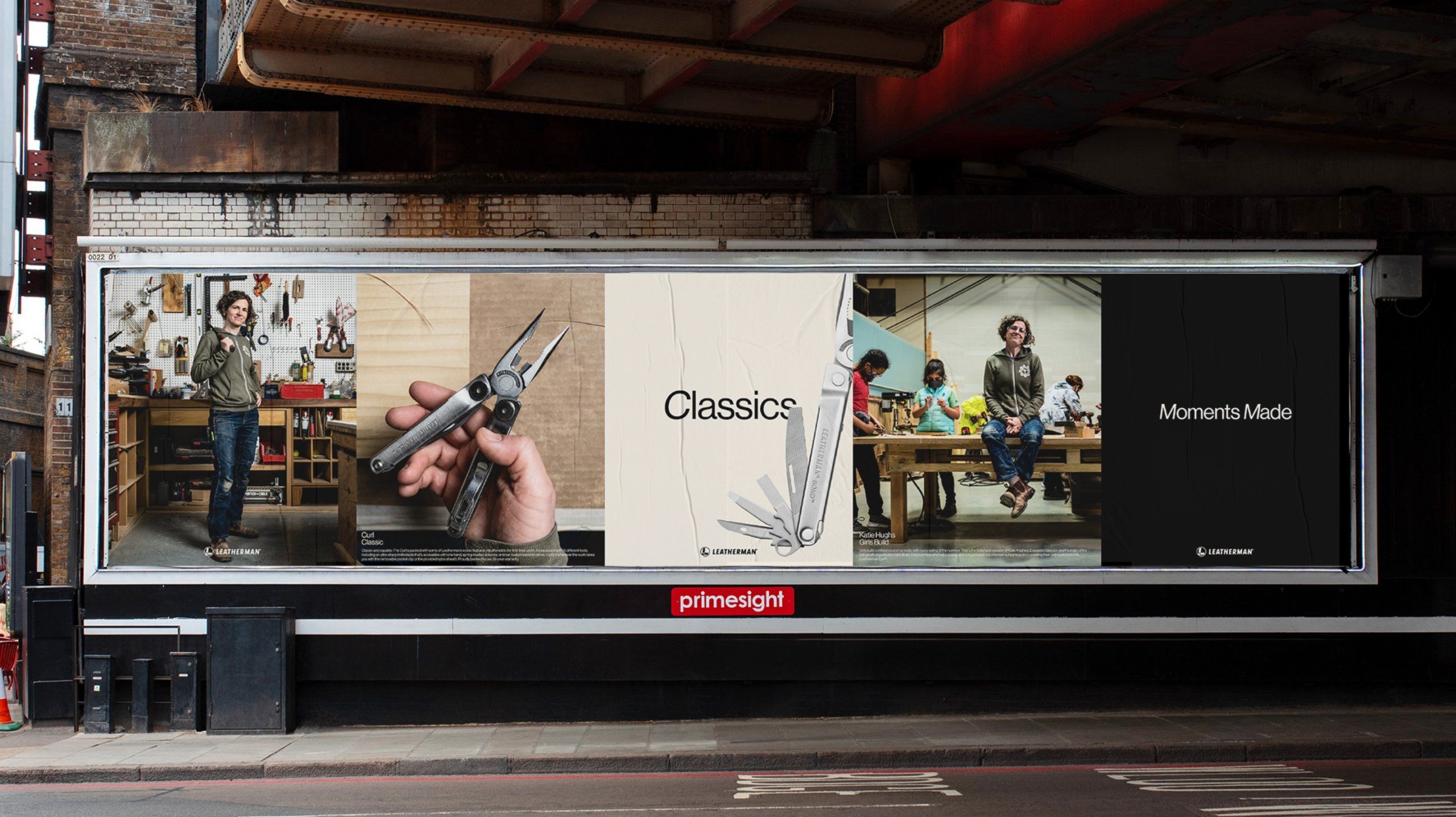 Leatherman Classics Moments made billboard featuring women working in shop woodworking class and close up of leatherman tool
