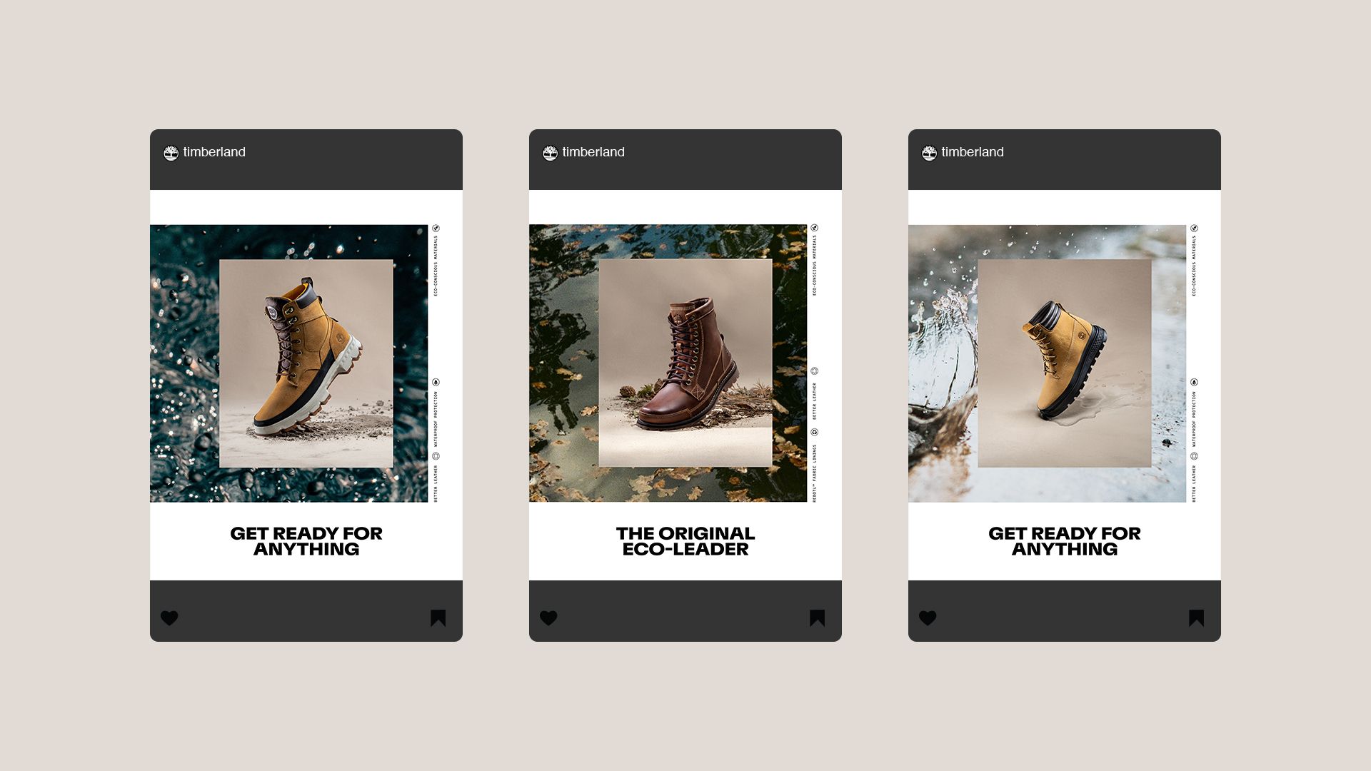Three social media posts from @timberland featuring taglines Get Ready for Anything and The original eco-leader