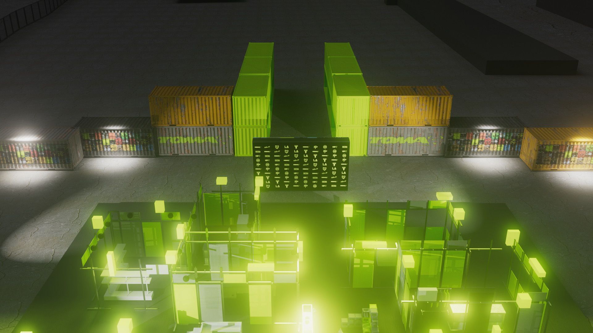 Neon-lit art installation with glowing green lights, transparent panels, and shipping containers in the background, viewed from above at night.