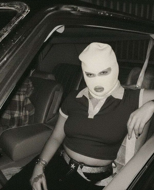 A person wearing a balaclava, cropped polo shirt, and jewelry sits in the backseat of a car with the door open.