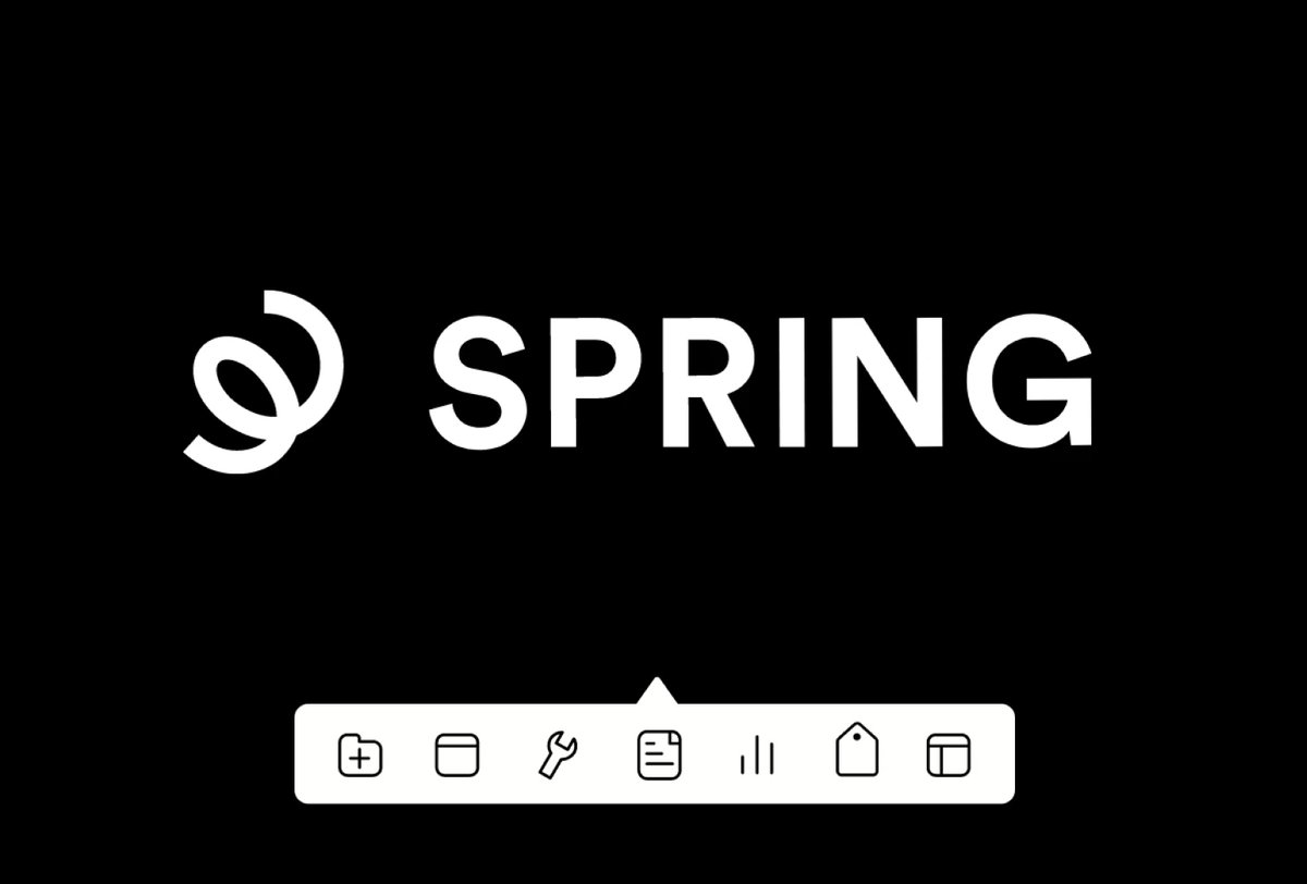 The word "SPRING" appears in bold white letters on a black background with a white logo to the left and a toolbar with six icons below.