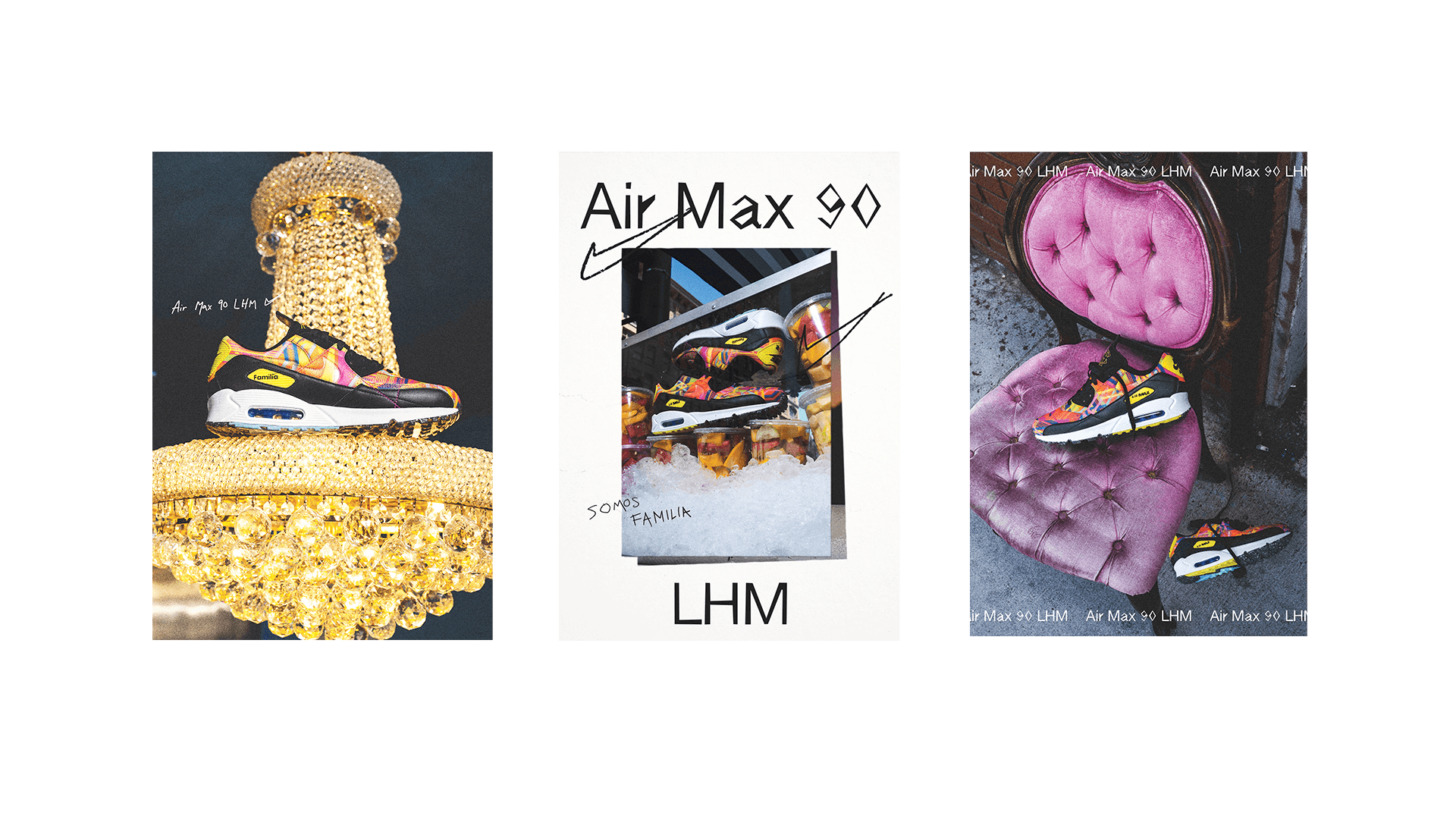 Air Max 90 LHM Somos Familia - Nike Air Max LHM displayed on gold chandelier, in freezer with fruit cups and on a purple chair