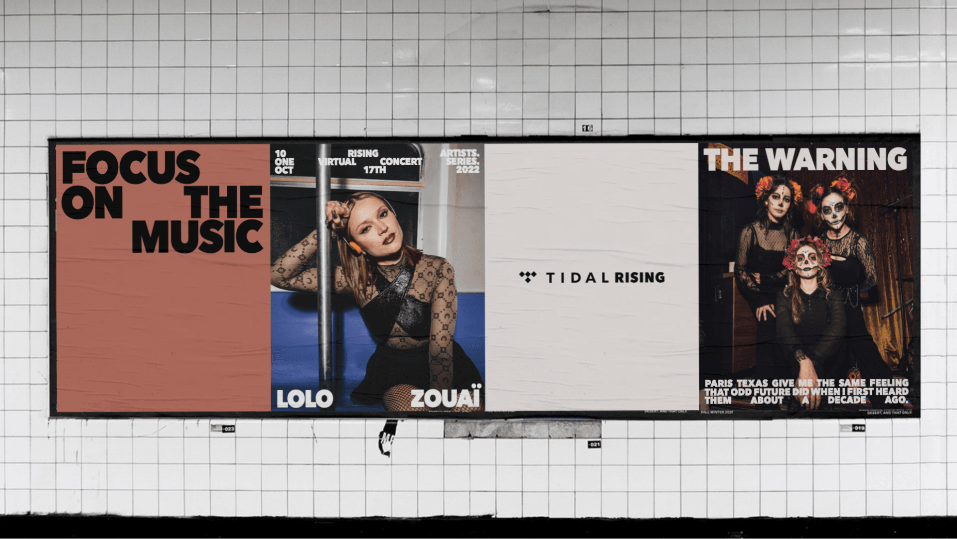 Subway tile wall with four frame Tidal Rising poster. Focus on the music. Lolo Zouai 10 Rising artists. one virtual concert series. Oct 17th 2022. Tidal Rising. The Warning. Paris Texas give me the same feeling that odd future did when if I first heard them about a decade ago.