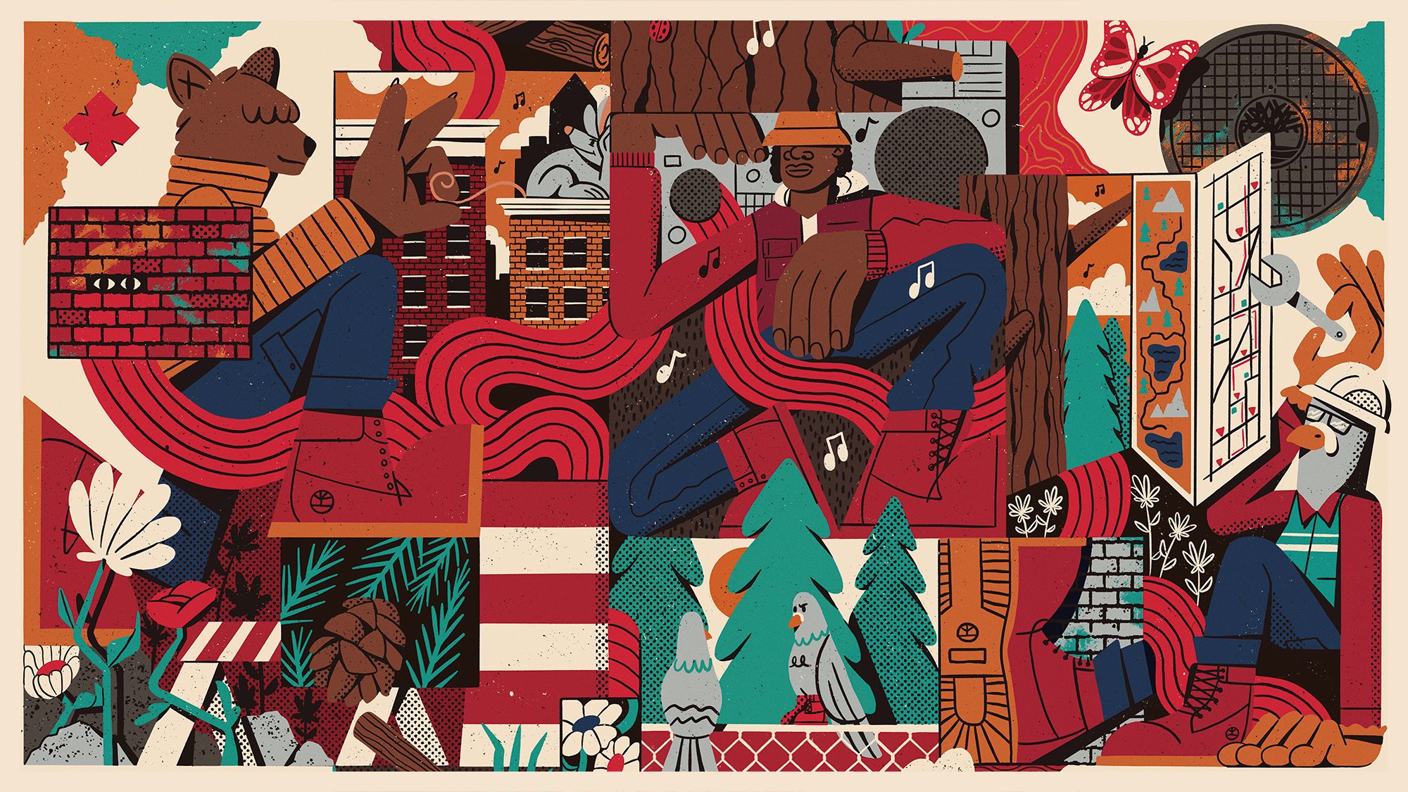 illustration with bear wearing sweater and aura orange Timberland boots, weaving lines, brick buildings with a rat on top, music notes, a man in timberland boots and a bucket hat, evergreen trees, birds, pine cones.