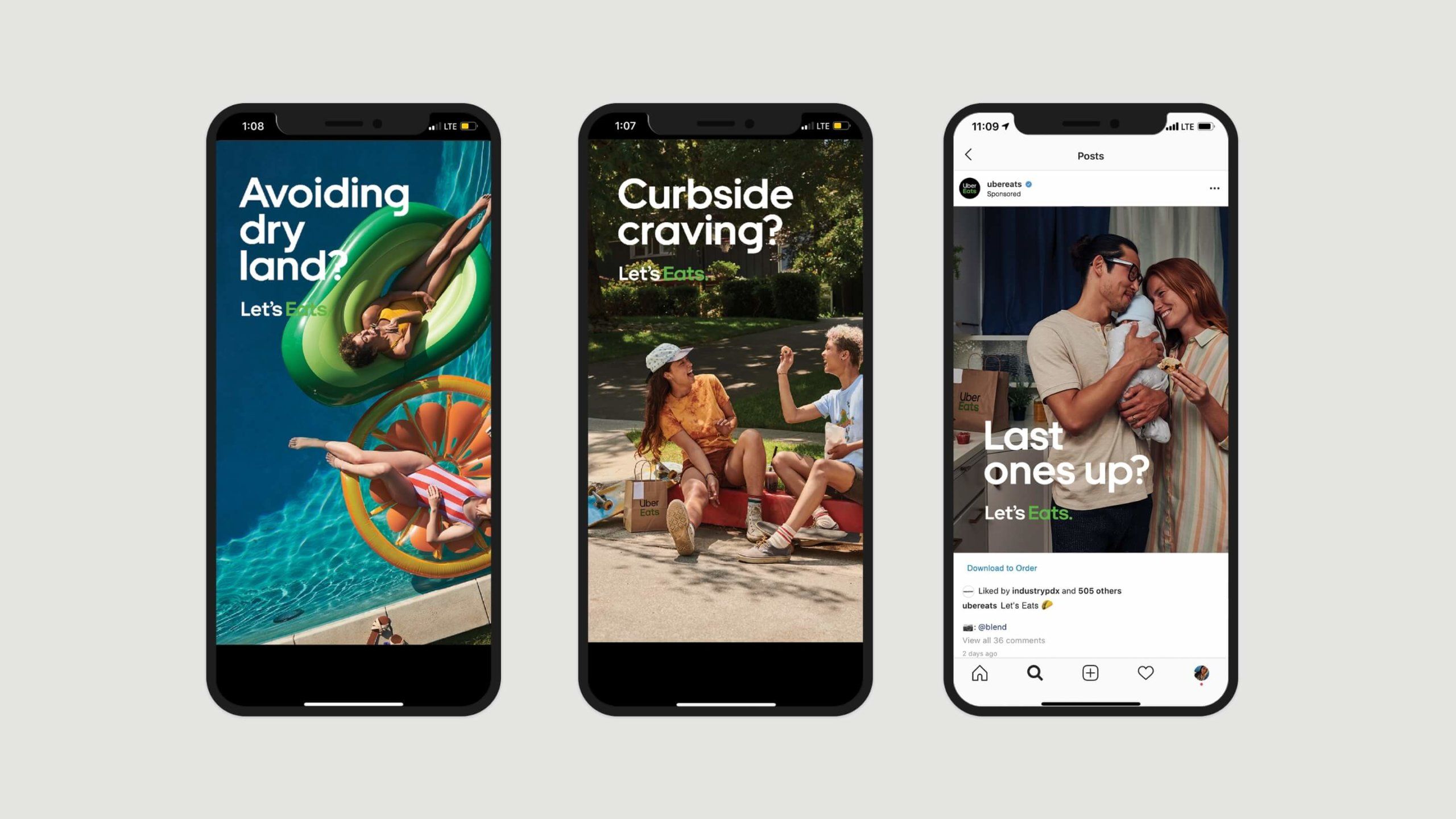 Three phones showing instagram stories and post. Avoiding dry land? Cubside craving? Last ones up? Uber Eats