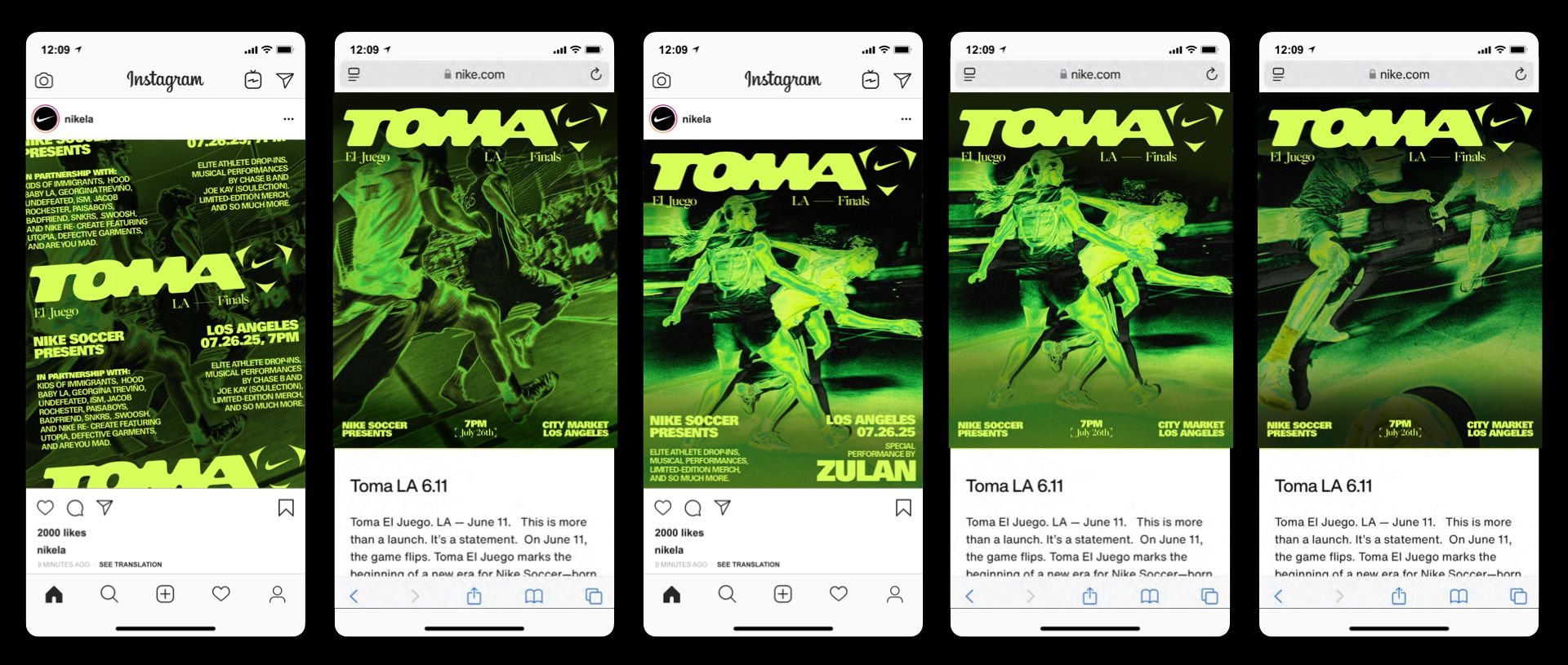 Five Instagram posts from Nike promote a Los Angeles soccer event called TOMA, featuring neon green graphics of players and event details on black backgrounds.