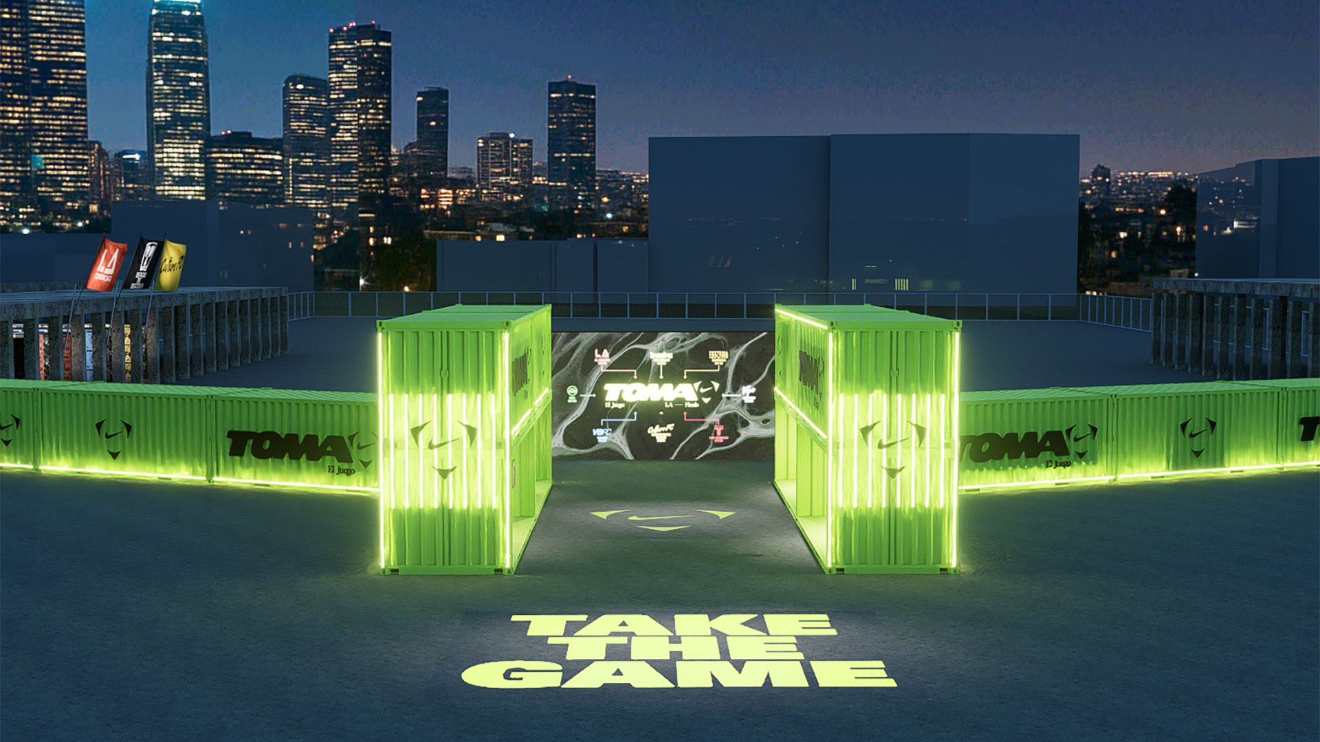 A night view of a neon green container structure with "TOMA" branding, set in front of a city skyline, and "TAKE THE GAME" projected onto the ground.