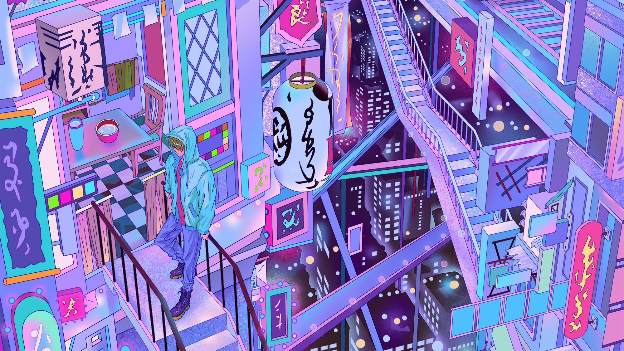 Illustration of Japanese city with city lights and staircases. Man stands on landing of staircase outside with hooded sweatshirt and blue timberland boots on.