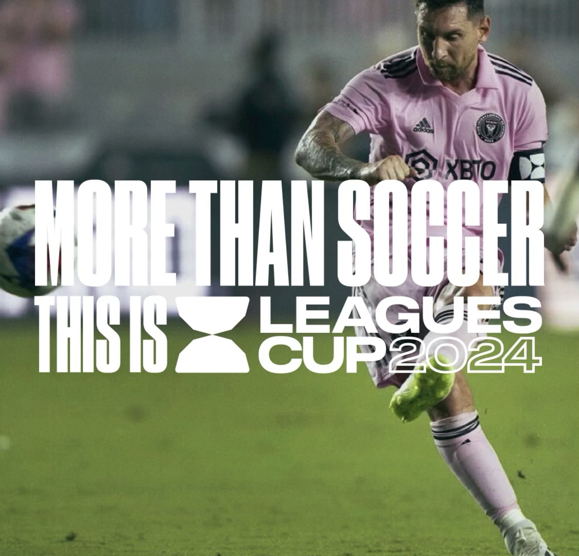 A soccer player in a pink and black kit is in action on the field. The text "More than soccer, this is Leagues Cup 2024" is overlaid on the image.