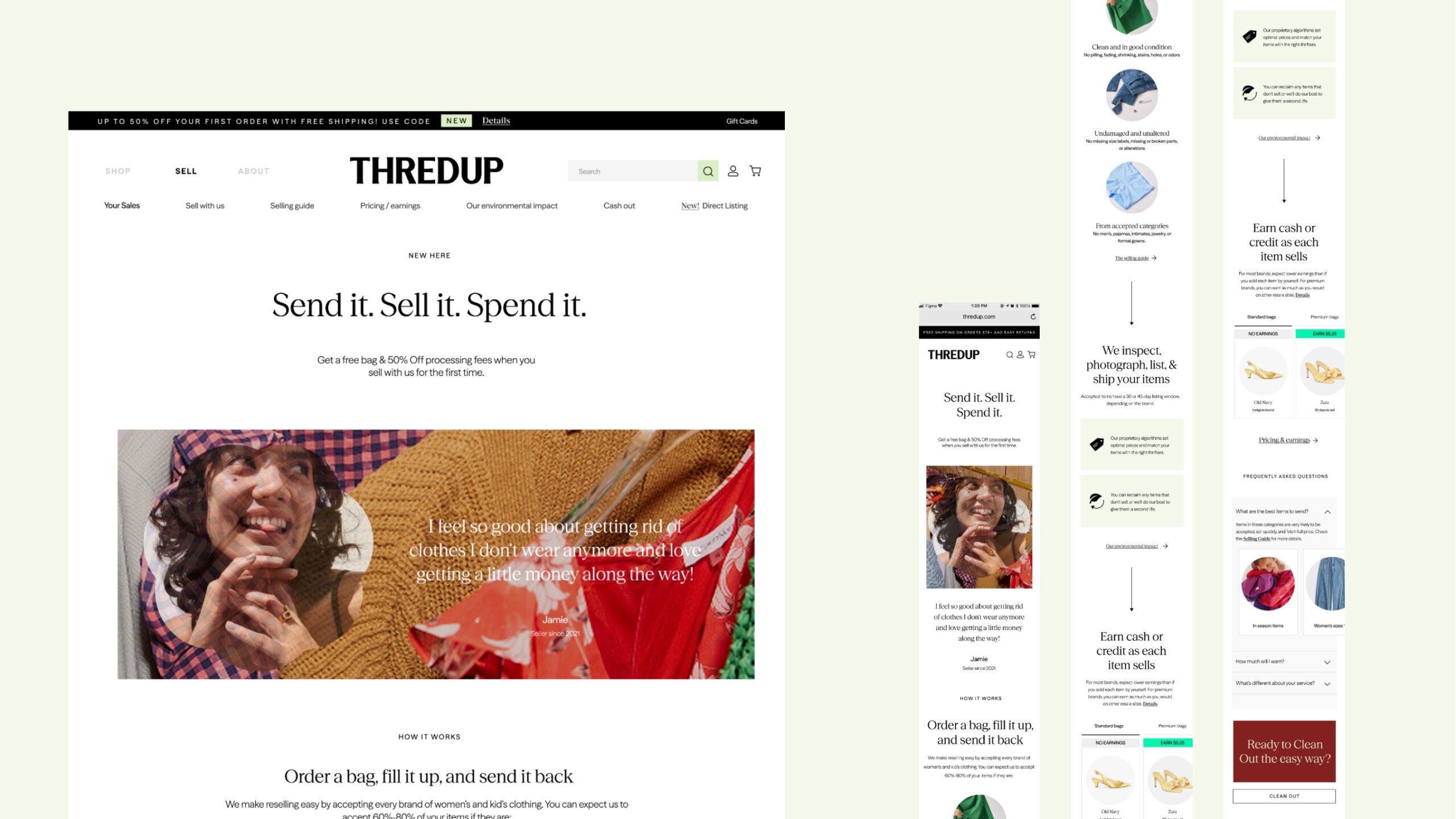 Screenshot of the ThredUp homepage promoting clothing resale, with a headline "Send it. Sell it. Spend it." and images of clothing and a woman holding a box.