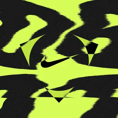 Abstract glitch art featuring the black Nike swoosh logo and geometric shapes on a neon yellow background with jagged black patterns.