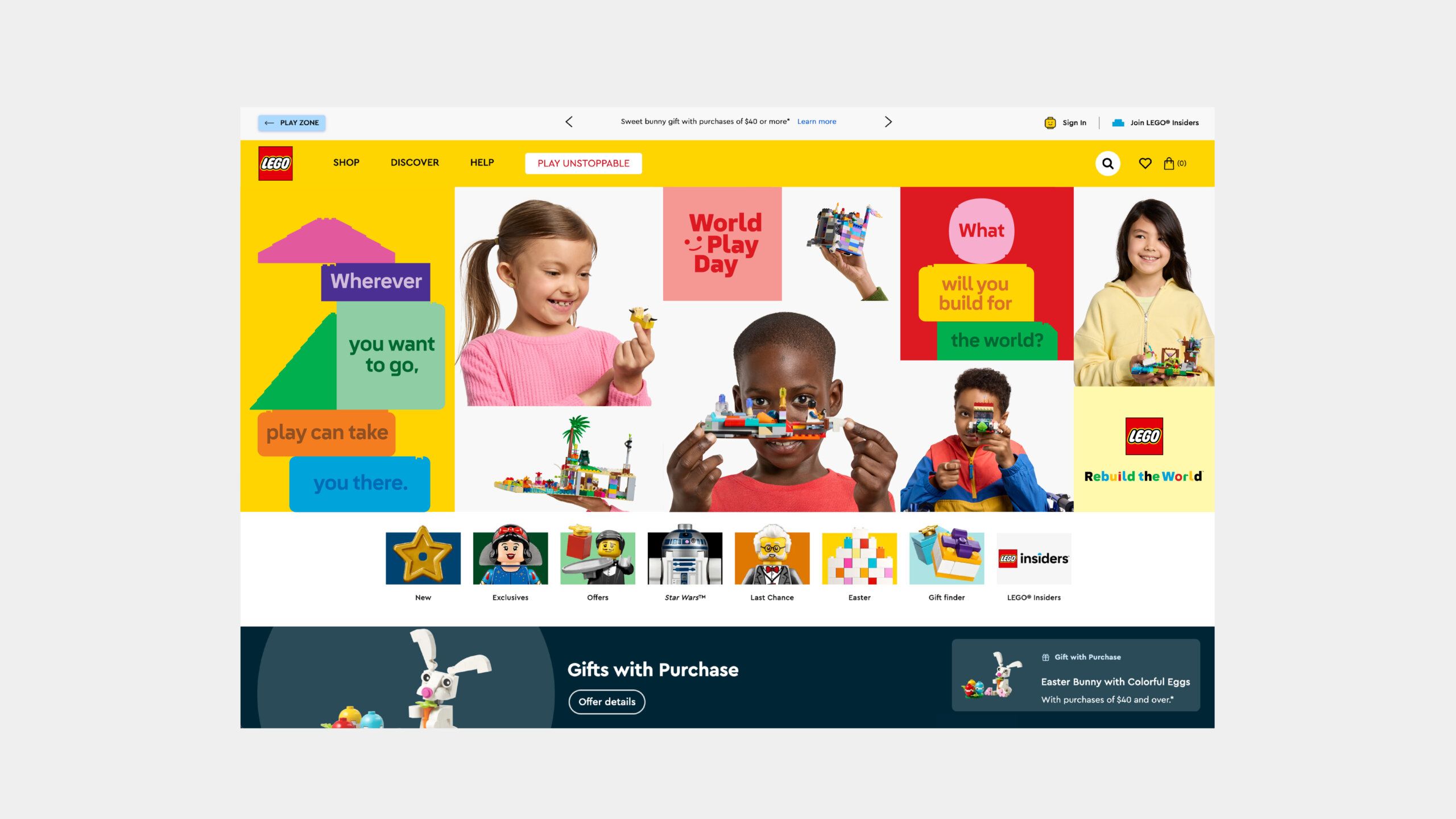 Screenshot of the LEGO website homepage featuring colorful blocks, several children building LEGO sets, and promotional offers. Various navigation options and a search bar are visible at the top.