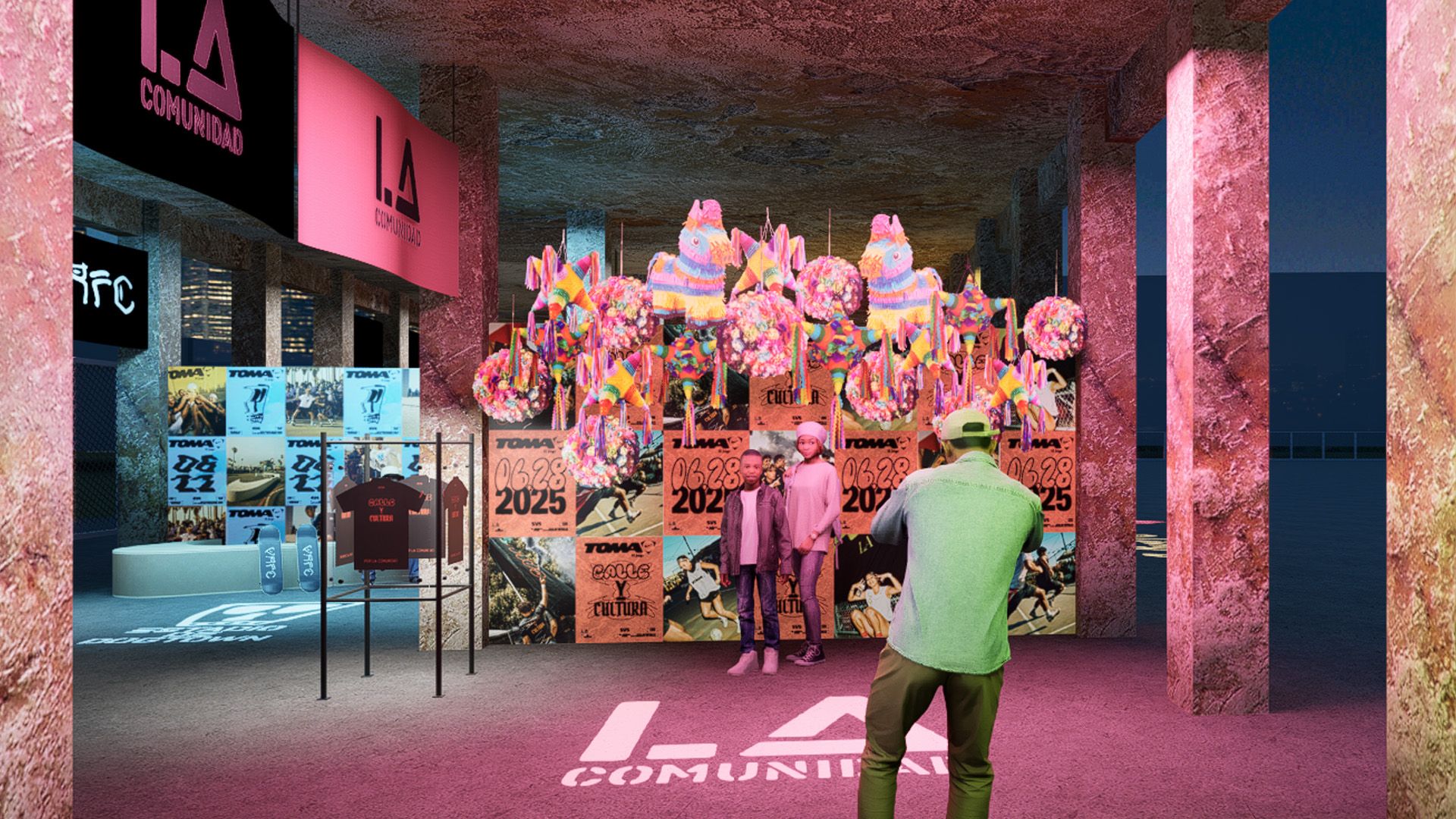 A person takes a photo of another person standing in front of colorful piñatas and event posters inside a decorated, urban-style space with LA Comunidad branding.