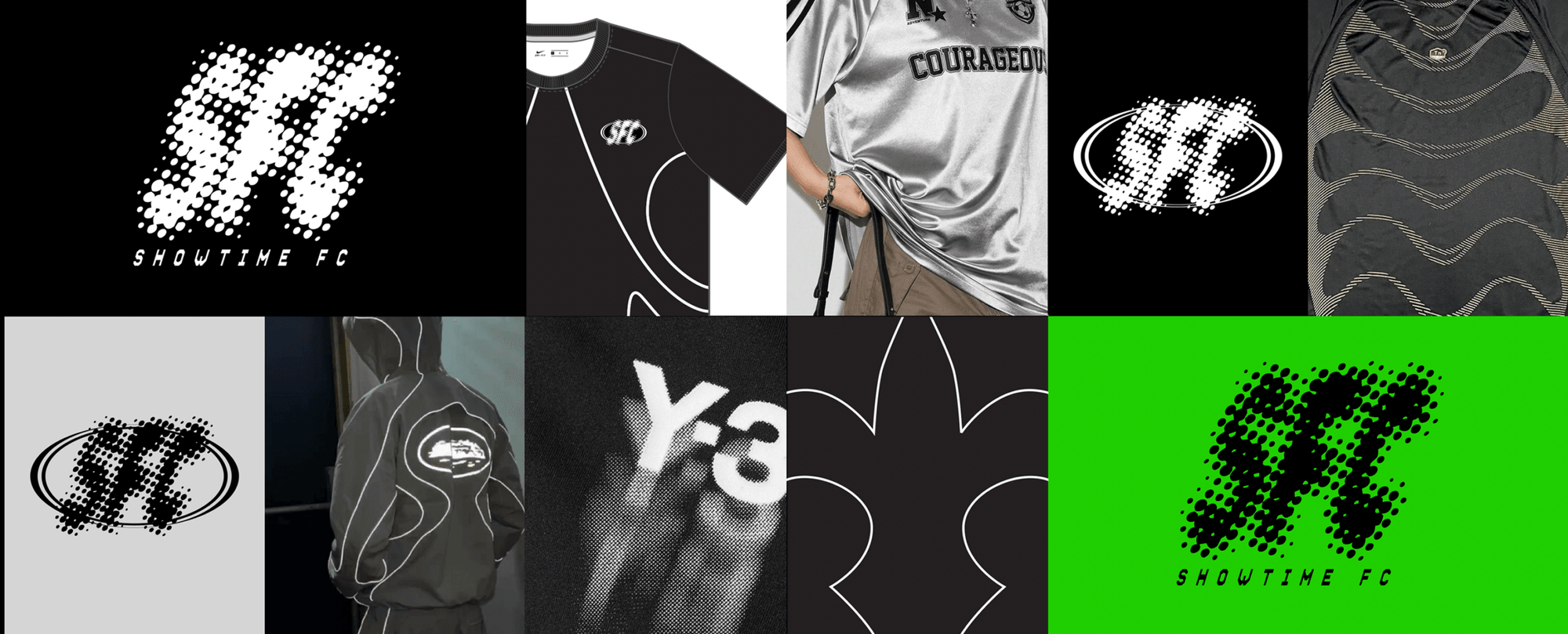 Collage of black and white sportswear items, abstract patterns, dotted logos, and the text “SHOUTIME FC” on two green and black backgrounds.