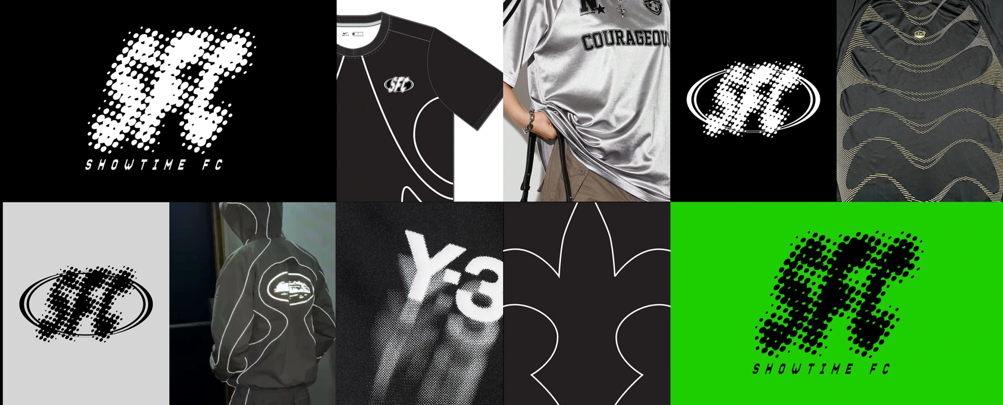 Collage of black and white sportswear items, abstract patterns, dotted logos, and the text “SHOUTIME FC” on two green and black backgrounds.