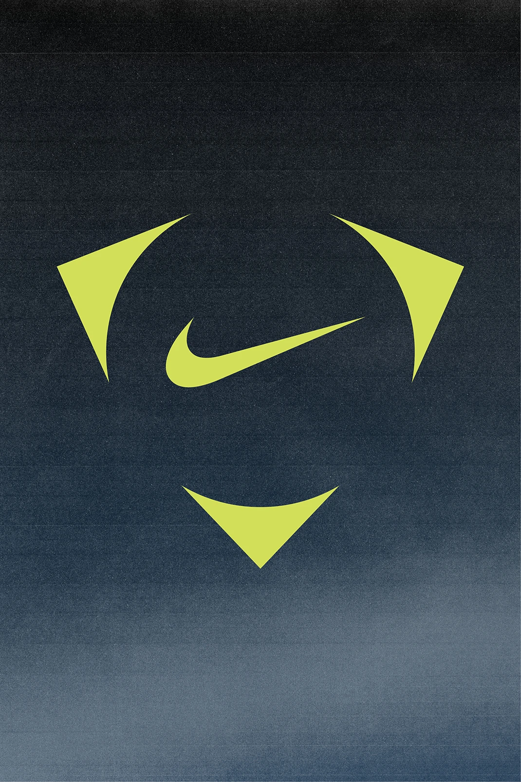 Yellow Nike swoosh and geometric shapes arranged to resemble a shield or emblem on a dark gradient background.