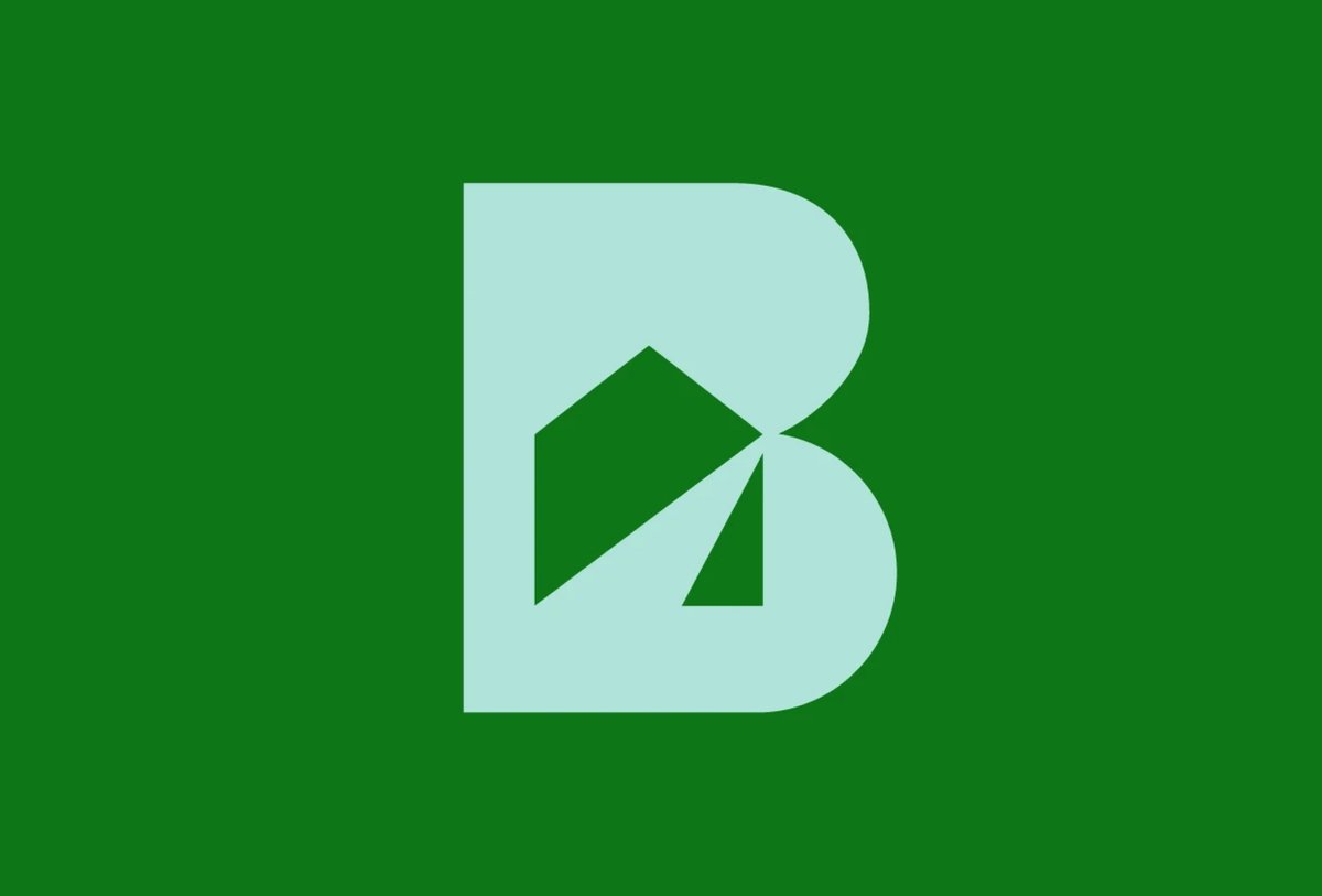A stylized light green letter "B" with geometric shapes inside, set against a dark green background.
