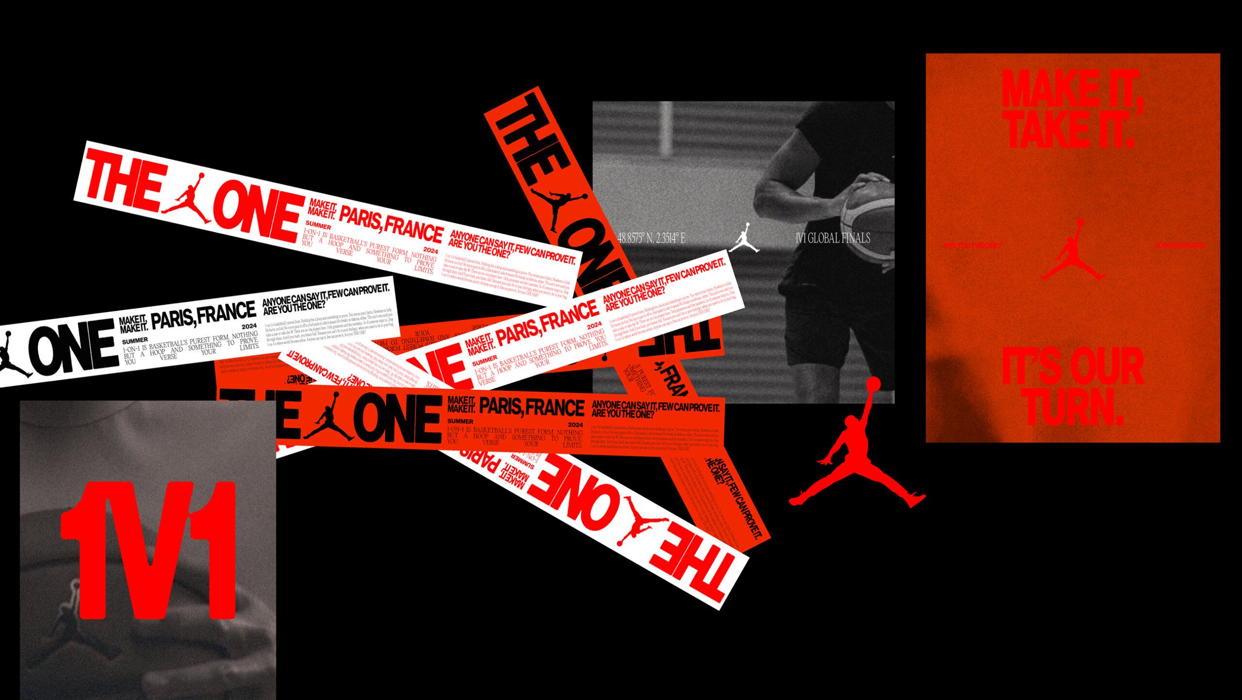 Collage of Jordan Brand promotional graphics with text like “THE ONE,” “1V1,” “PARIS, FRANCE,” and “MAKE IT, TAKE IT. IT’S OUR TURN,” layered over basketball imagery.