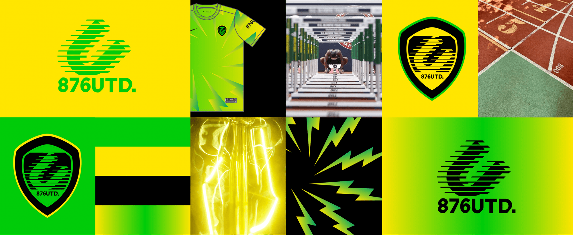 Grid of sports-themed images featuring a green and yellow logo “876UTD.”, a jersey, stadium, race track, patterns, and lightning graphics on bright backgrounds.