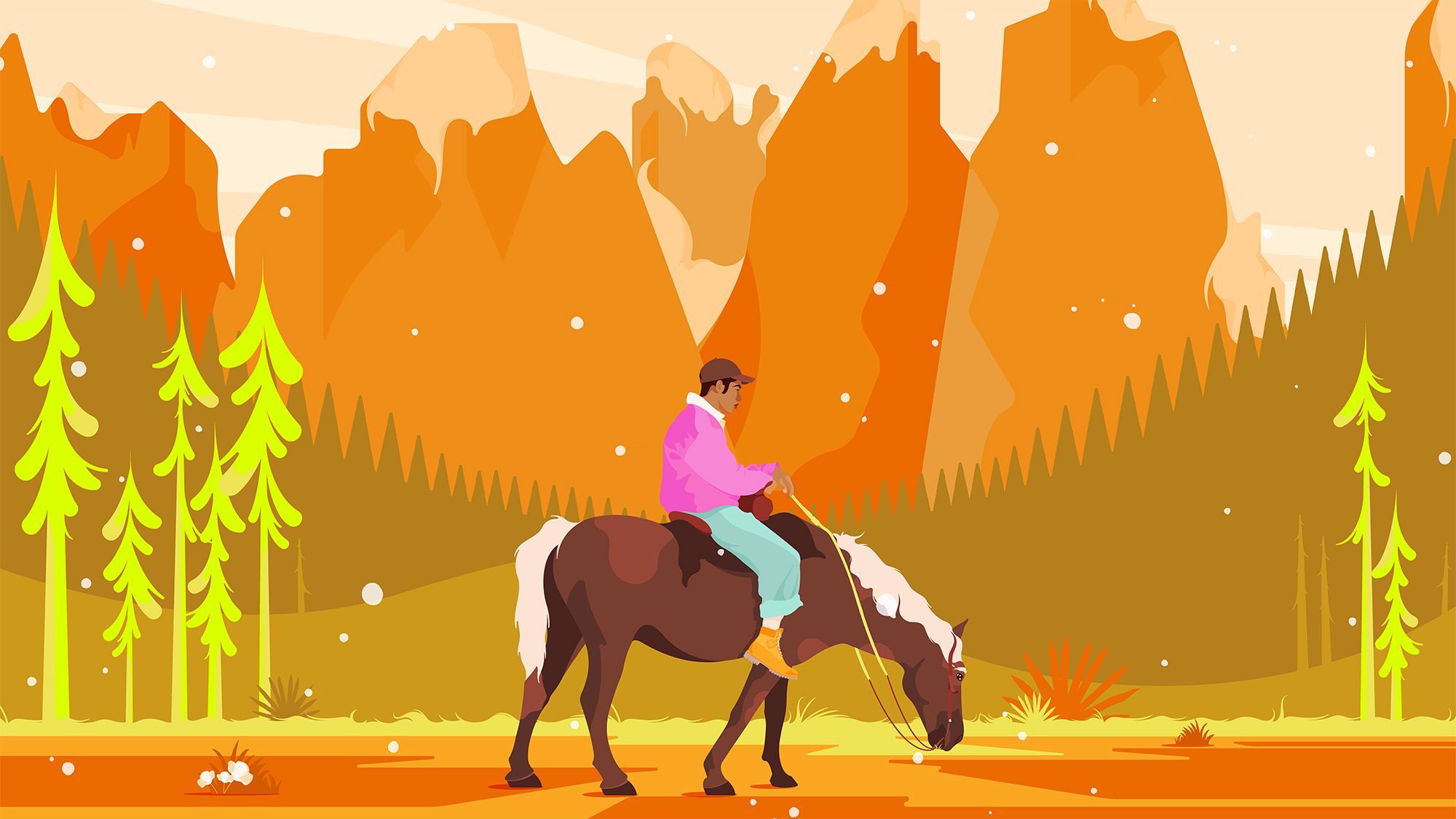 illustration using dark cheddar color shows man on horse in front of forest and mountains