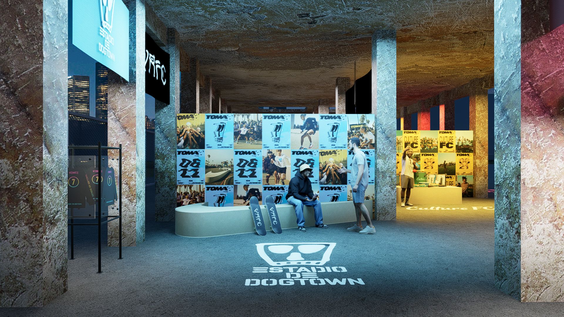 Interior view of a skate-themed retail space with people, skateboards, posters on the walls, and “Estadio de Dogtown” projected on the floor.