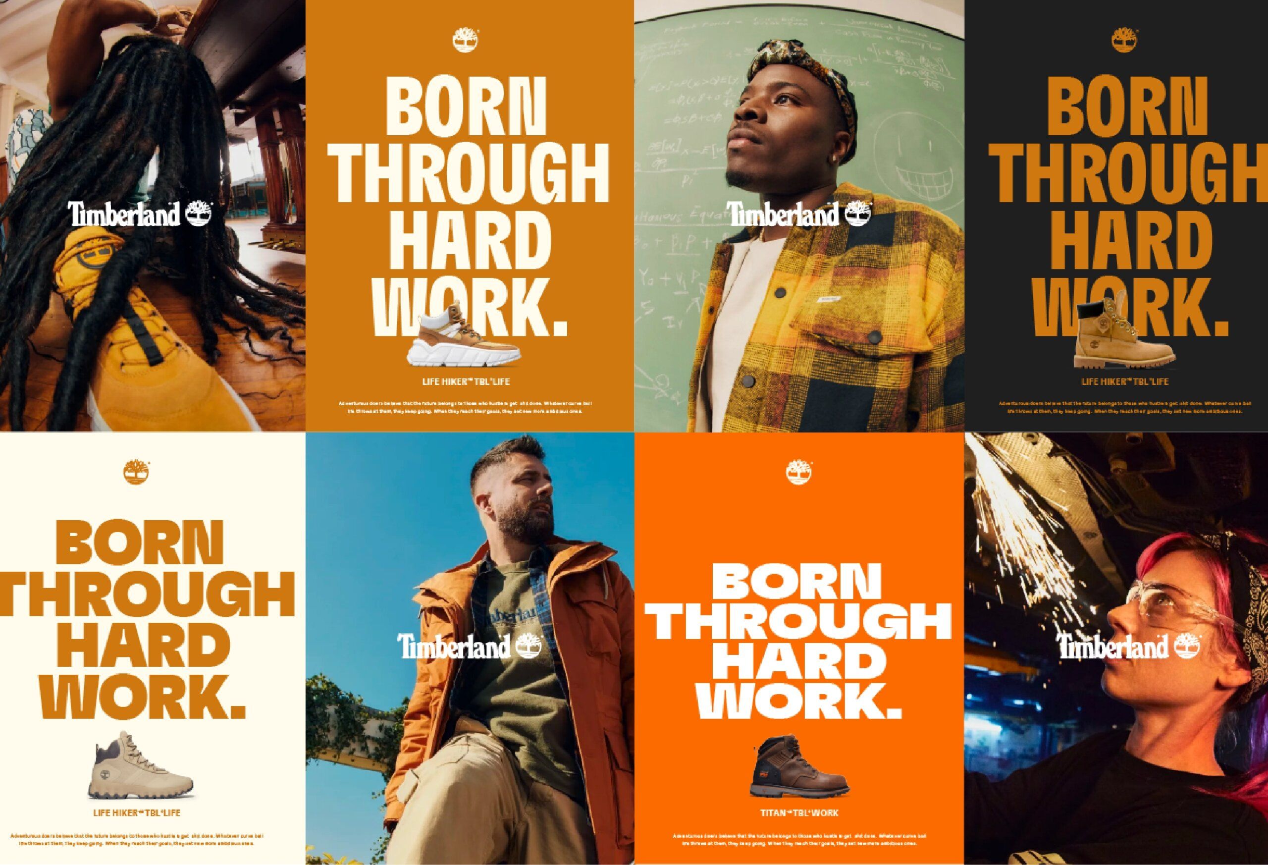 Born through hard work montage with different timberland boots and people wearing Timberland gear