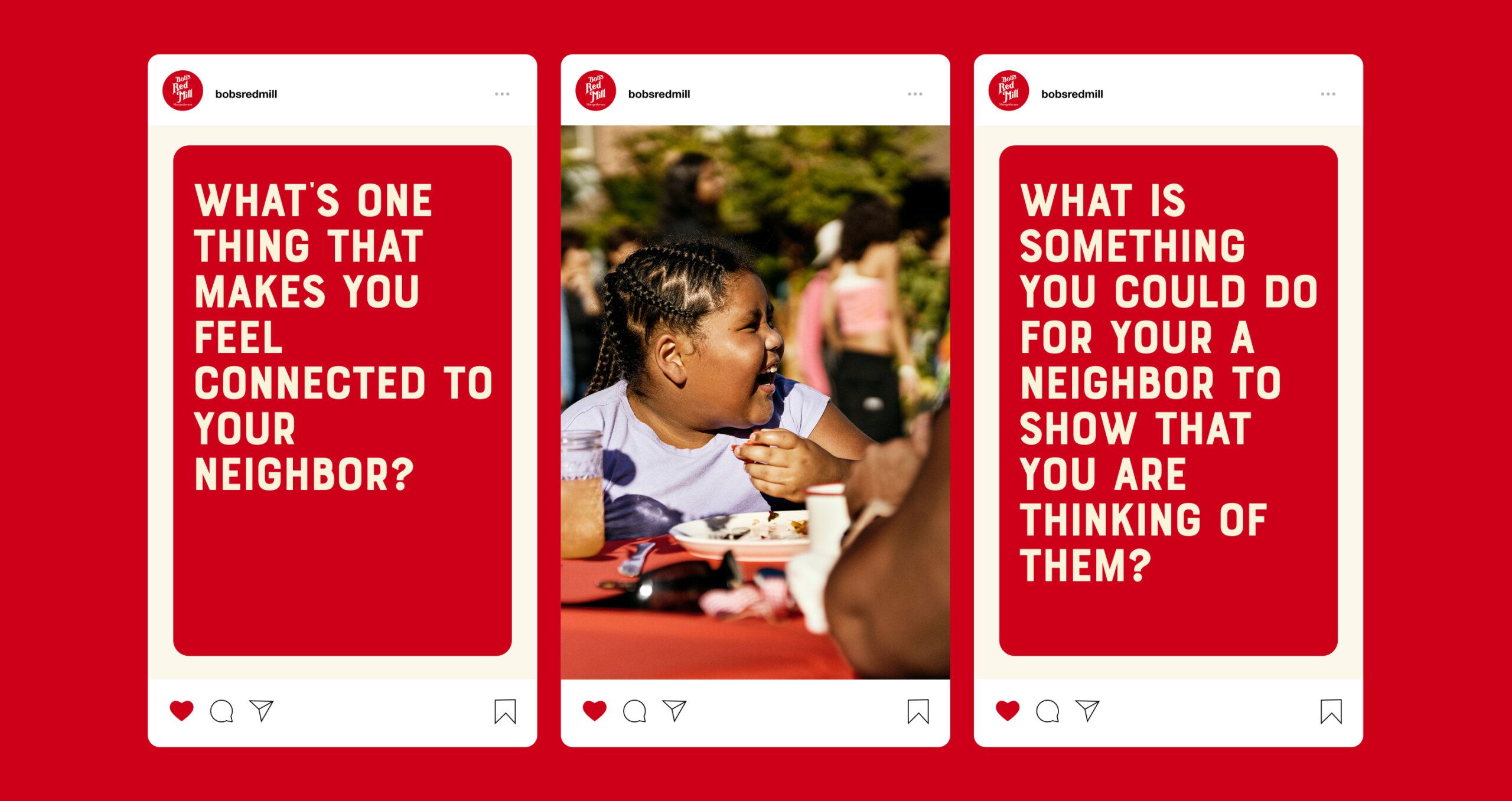 Three social media posts: the first and third have red backgrounds with white text asking questions about neighbors; the center shows a child smiling and eating at an outdoor gathering.