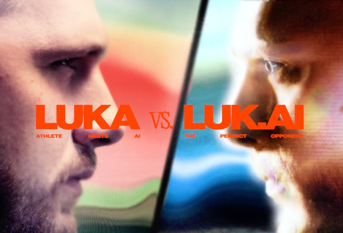 Two male faces stare at each other with "LUKA vs. LUK.AI" in bold orange text between them, highlighting a matchup between an athlete and an AI opponent.