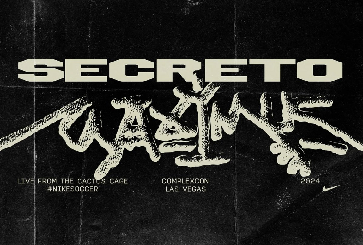 Bold text reads "SECRETO GAME" with graffiti-style writing below. Additional text says "Live from the Cactus Cage #NIKESOCCER," "ComplexCon Las Vegas," and the Nike logo appears in the corner.