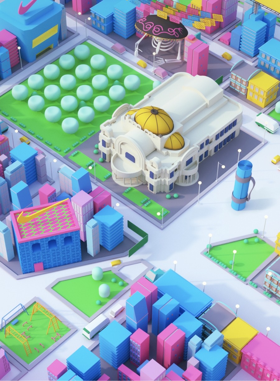 Scene from Tiempo de Ser Héroes showing digital city. One large building with many other colorful bueildings surrounding