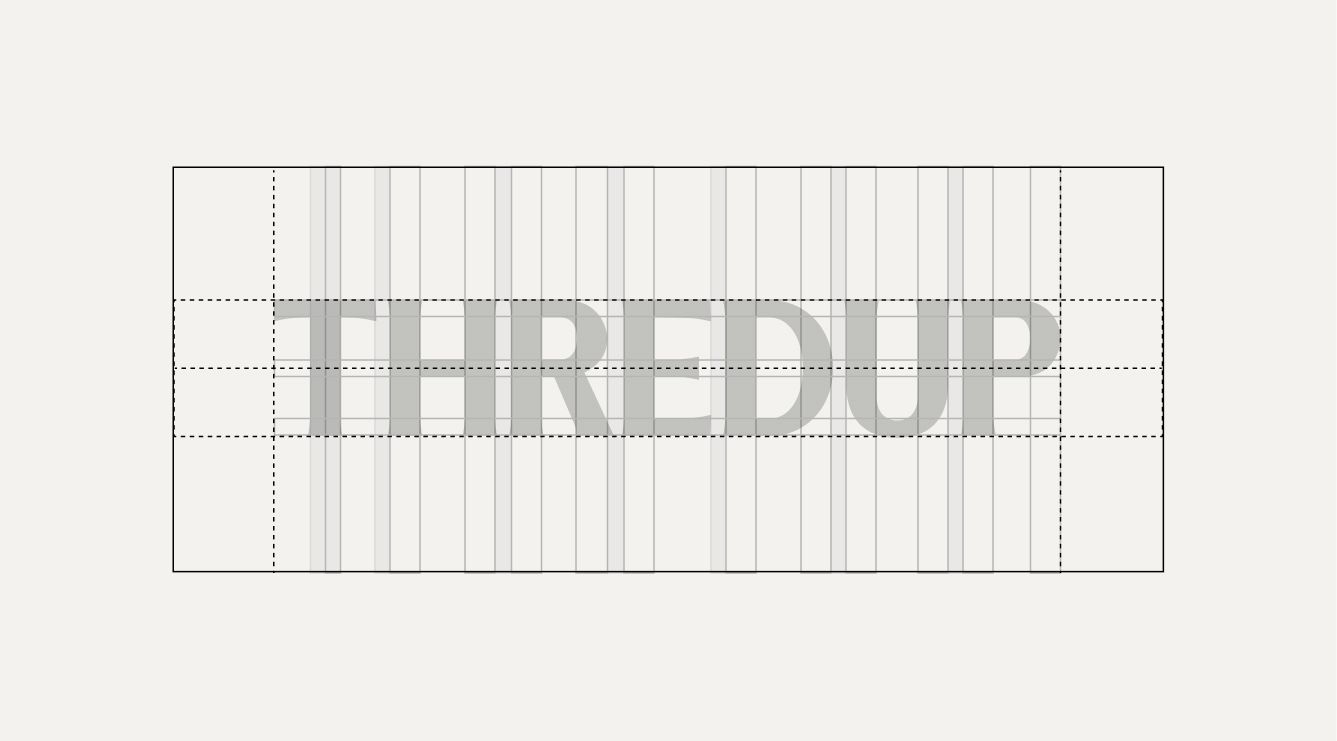 A grid overlay on a white background features the word "THREDUP" in large, gray capital letters, centered horizontally and vertically.