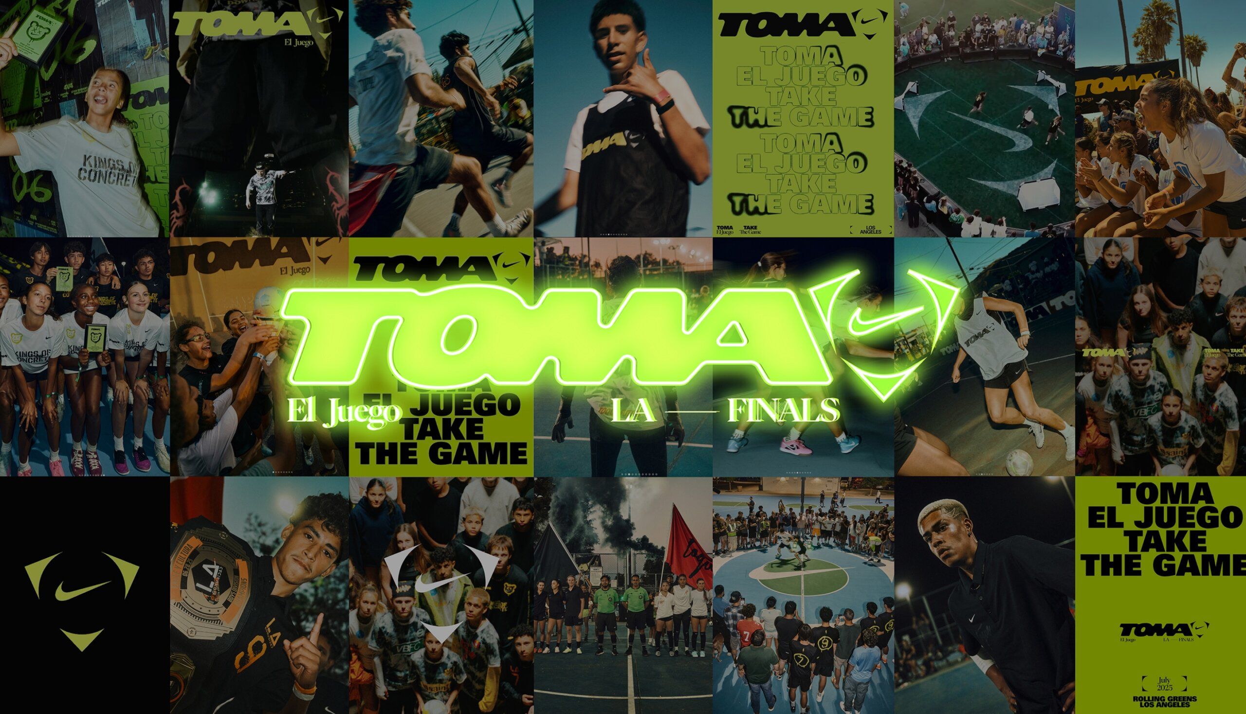 Collage of basketball event photos with players, crowds, and the phrase "TOMA EL JUEGO TAKE THE GAME LA FINALS" in large neon text across the center. Nike logo is prominent.
