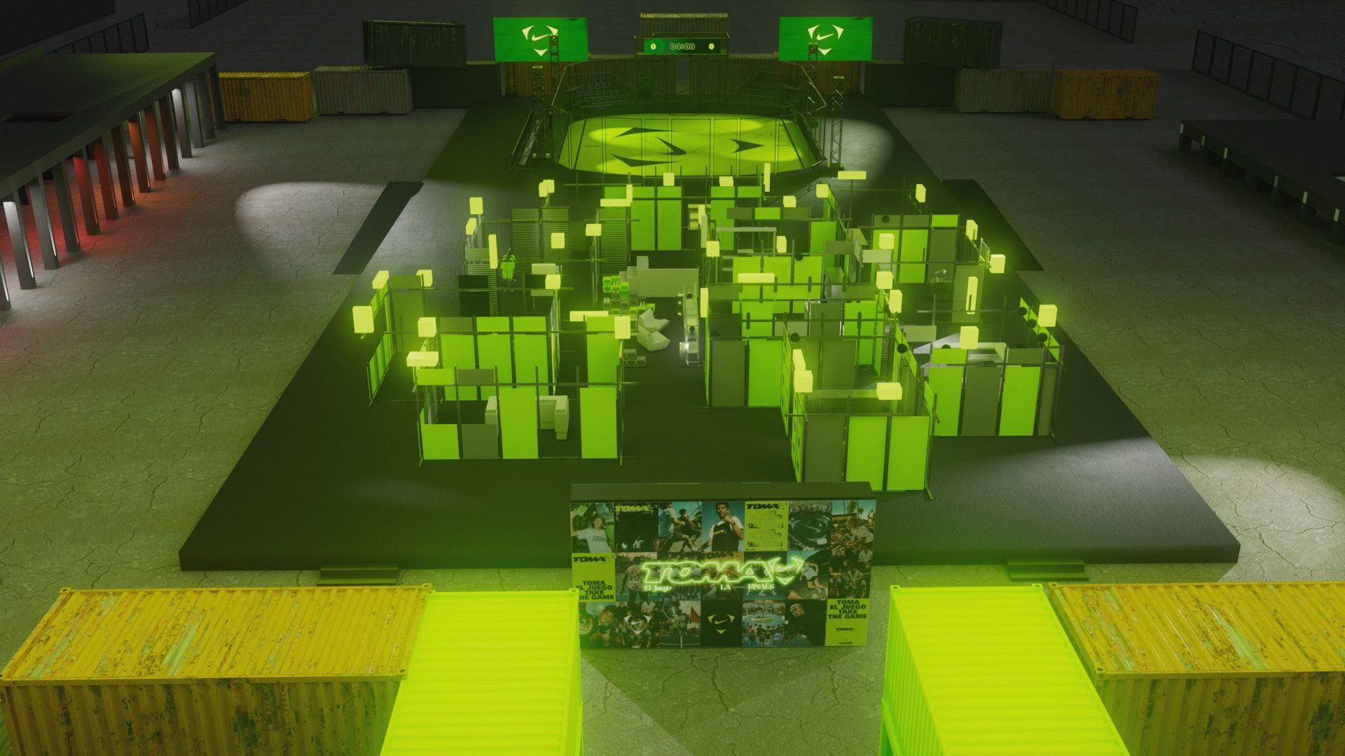 Overhead view of a neon green-lit indoor maze with barriers, containers, and illuminated signs, resembling a gaming or event setup.